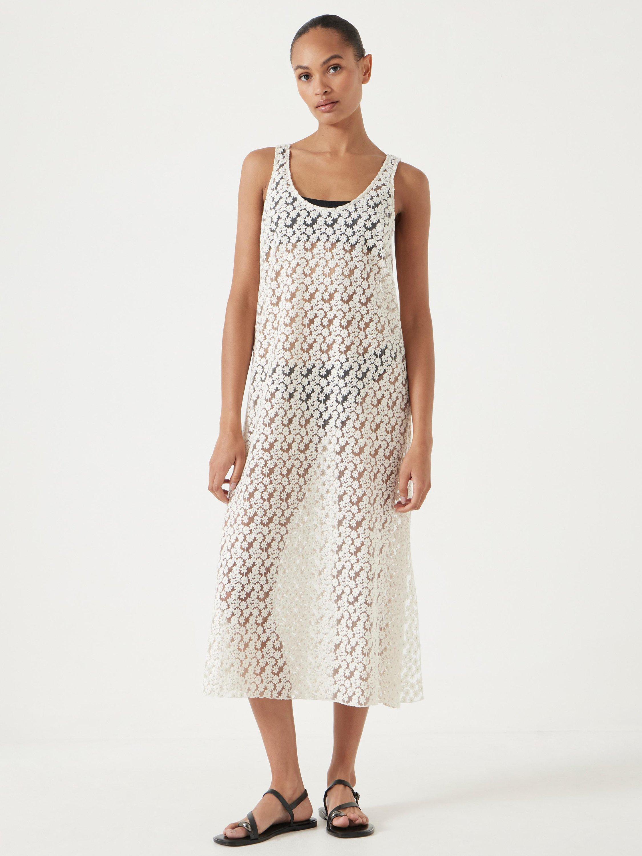 Product image 1 of 6, which shows HUSH Floral Embroidered Sleeveless Midi Dress, Ecru White, XXS