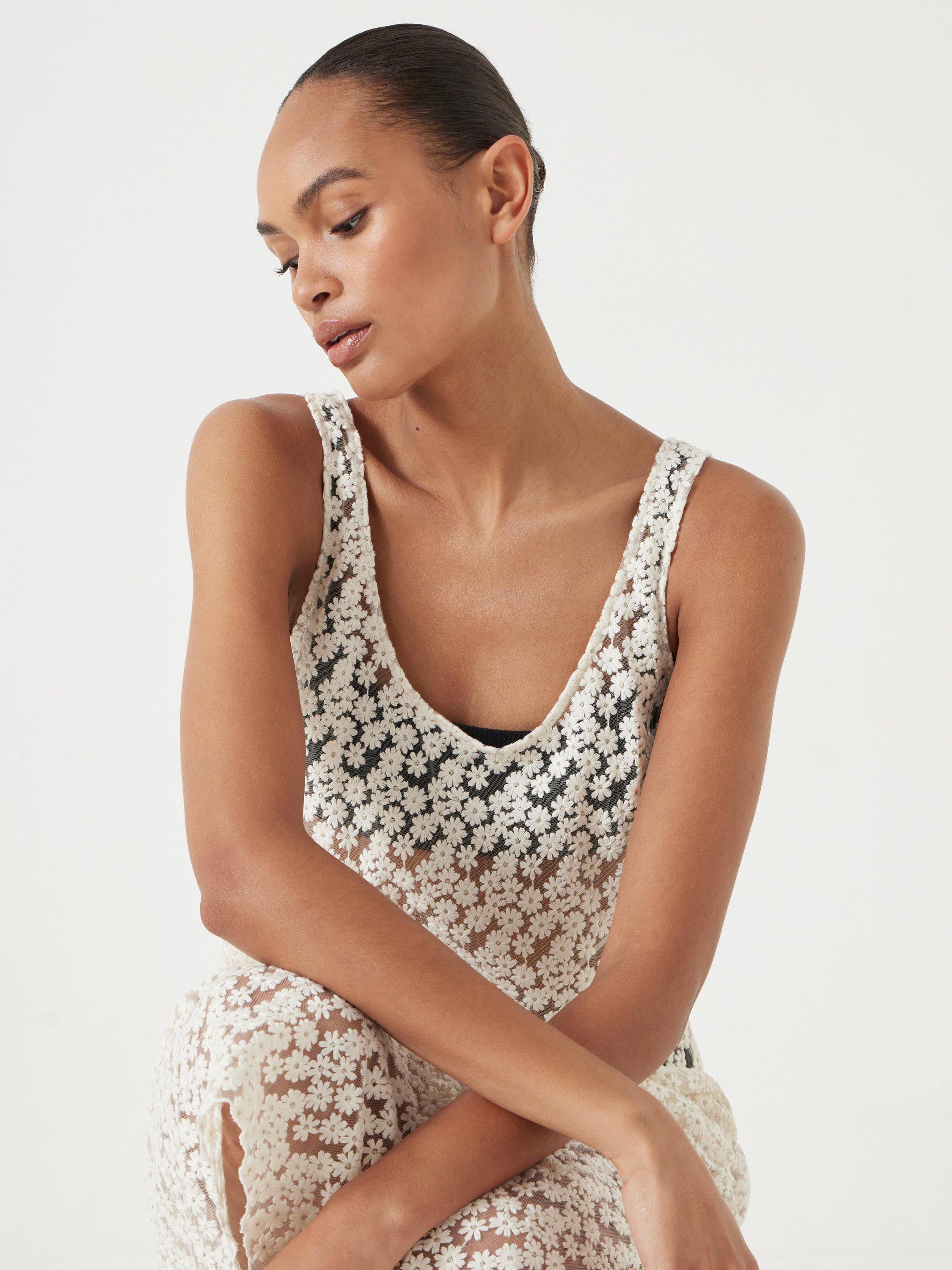 Product image 5 of 6, which shows HUSH Floral Embroidered Sleeveless Midi Dress, Ecru White, XXS