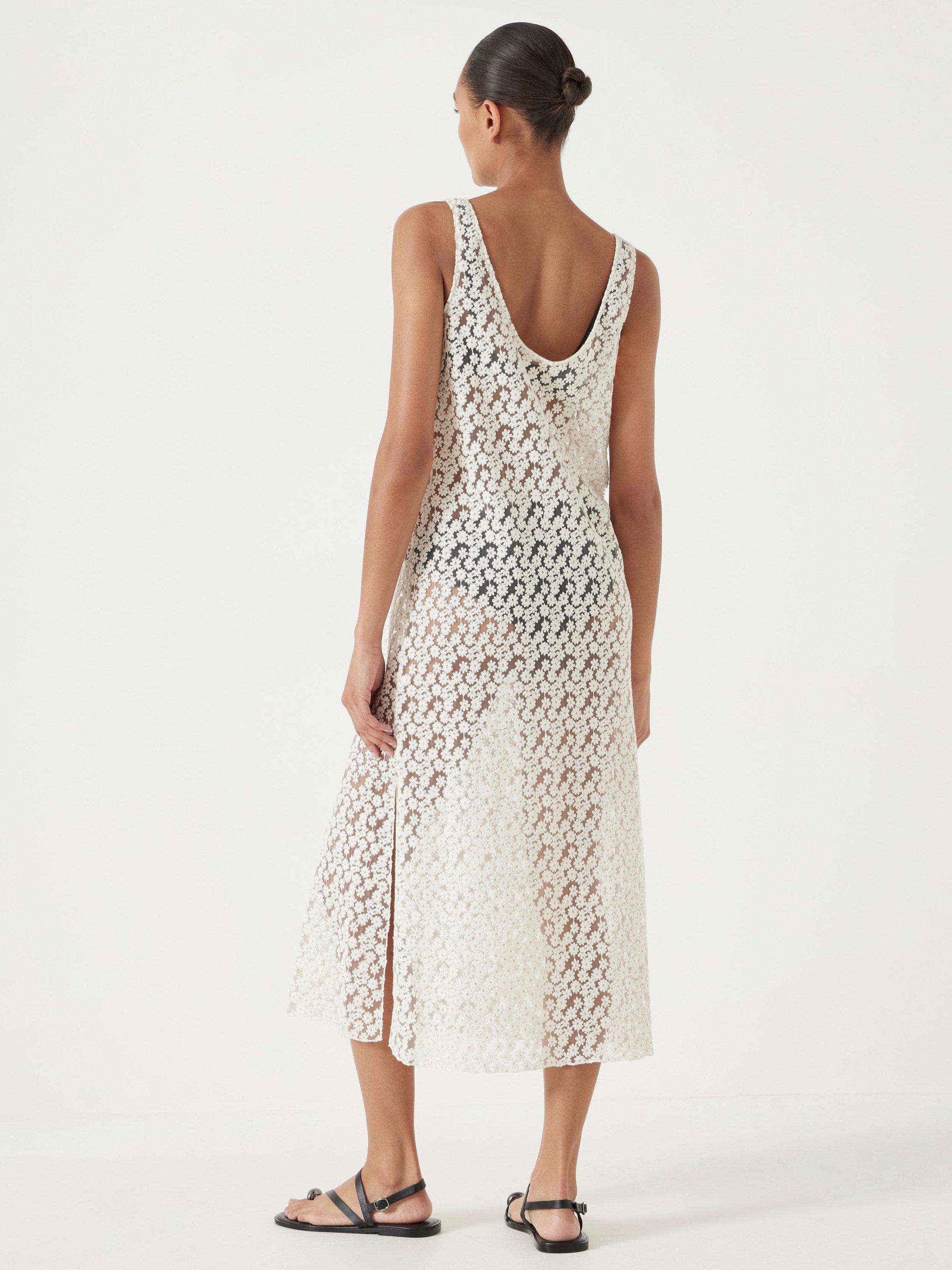 Product image 2 of 6, which shows HUSH Floral Embroidered Sleeveless Midi Dress, Ecru White, XXS