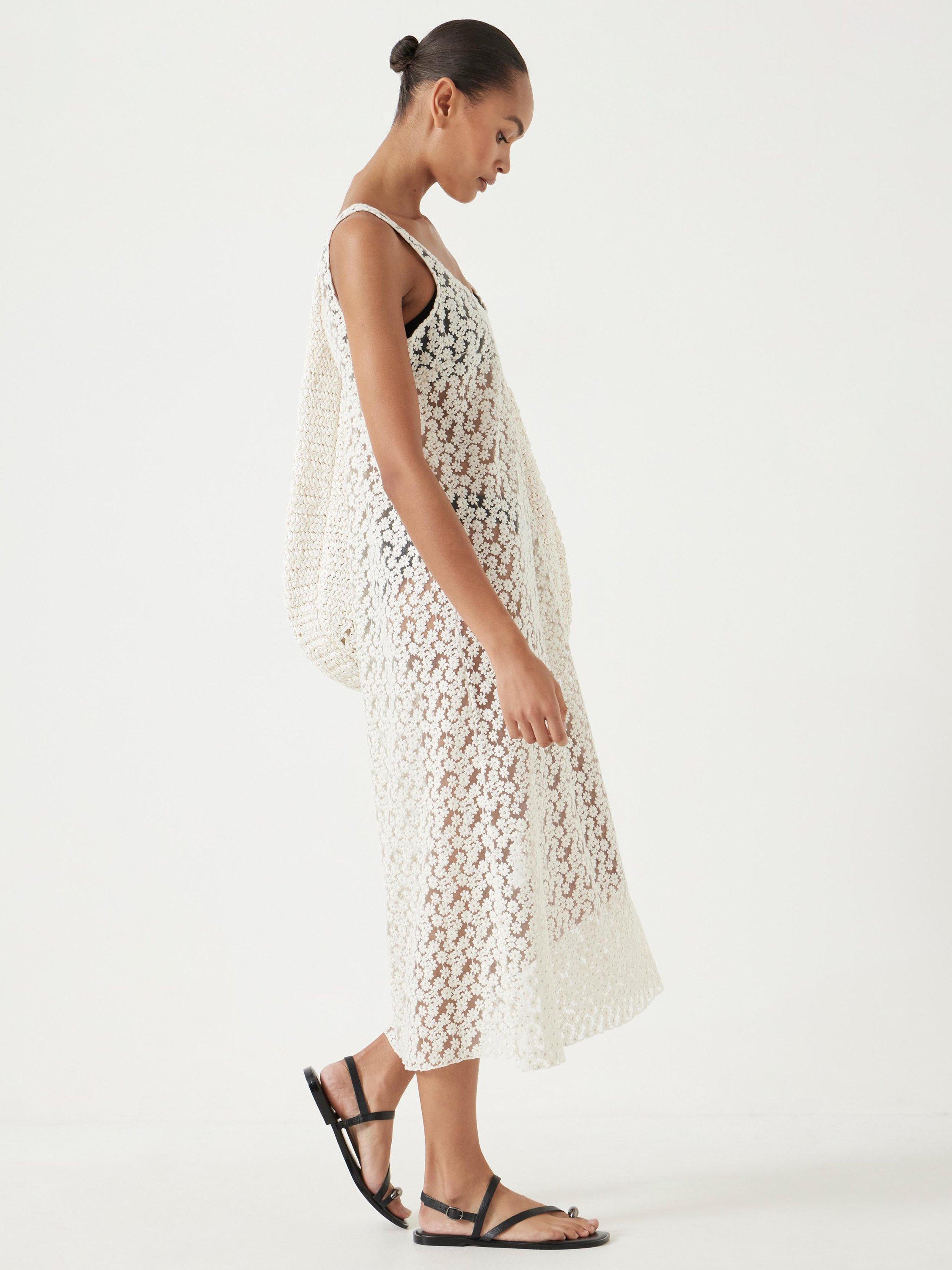 Product image 3 of 6, which shows HUSH Floral Embroidered Sleeveless Midi Dress, Ecru White, XXS