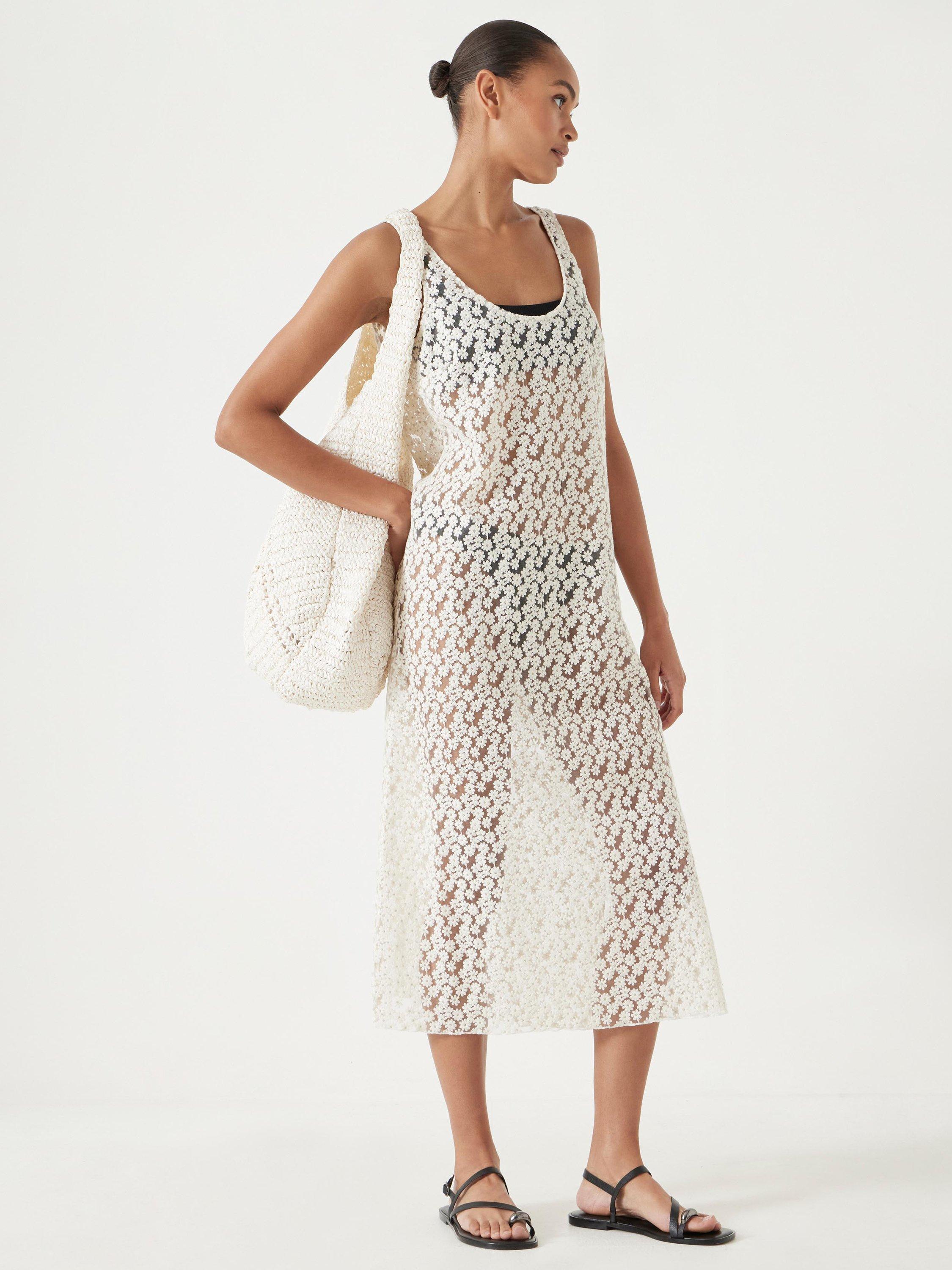 Product image 4 of 6, which shows HUSH Floral Embroidered Sleeveless Midi Dress, Ecru White, XXS