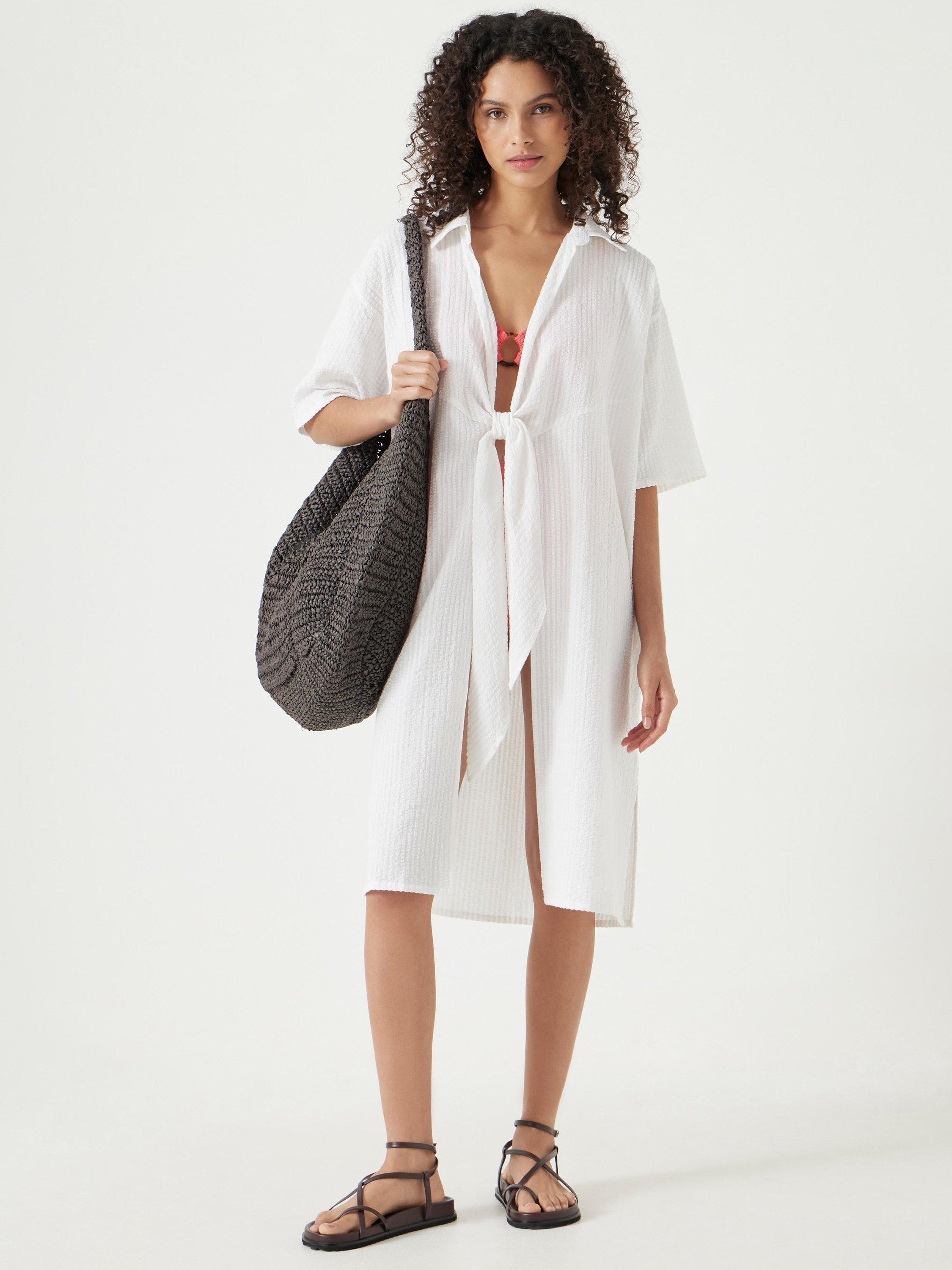Product image 3 of 5, which shows HUSH Seersucker Tie Front Beach Dress, White, XS-S