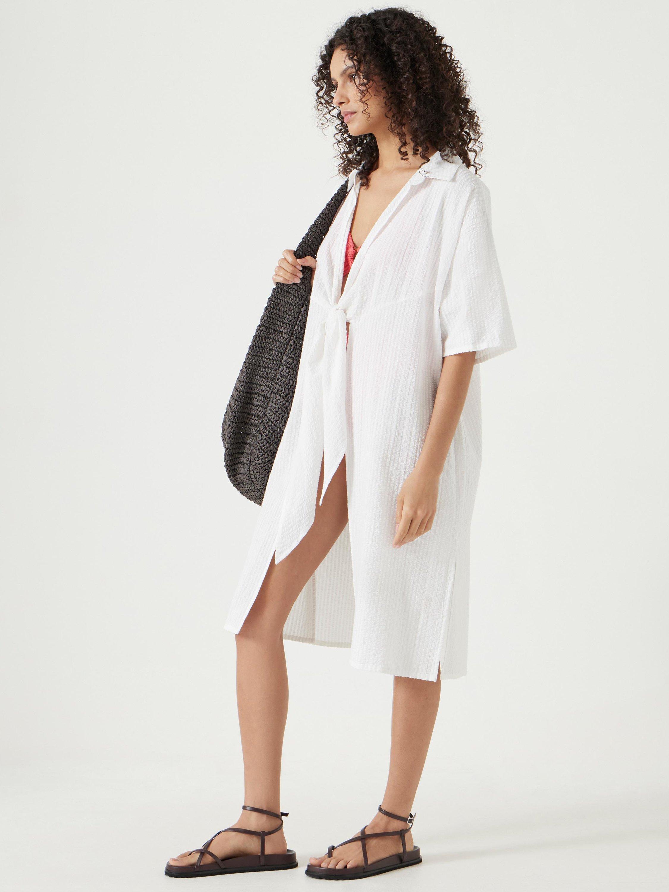 Product image 4 of 5, which shows HUSH Seersucker Tie Front Beach Dress, White, XS-S