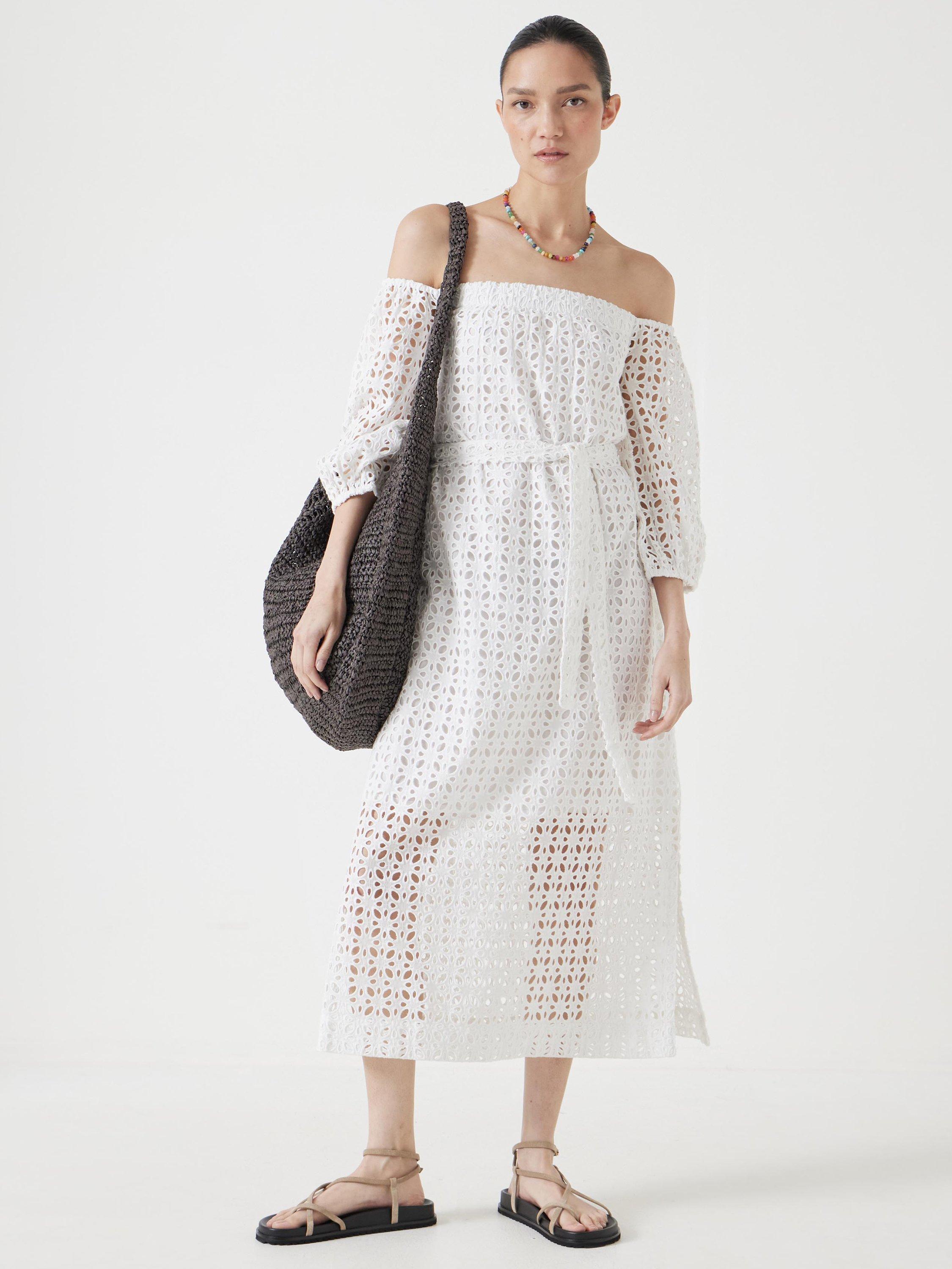 Product image 1 of 5, which shows HUSH Off Shoulder Broderie Anglaise Midi Dress, White, M