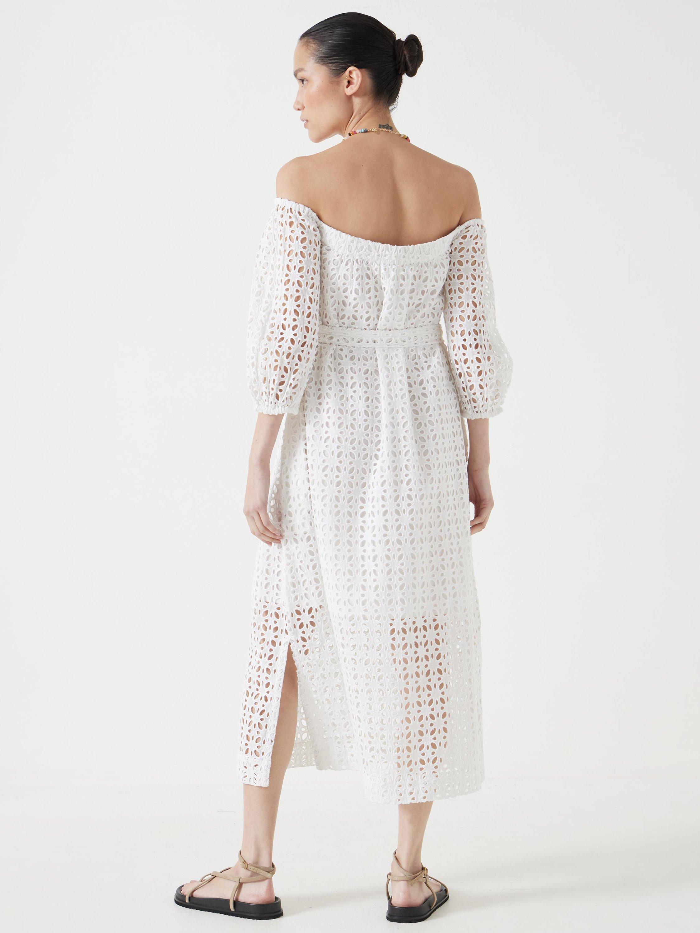 Product image 3 of 5, which shows HUSH Off Shoulder Broderie Anglaise Midi Dress, White, M