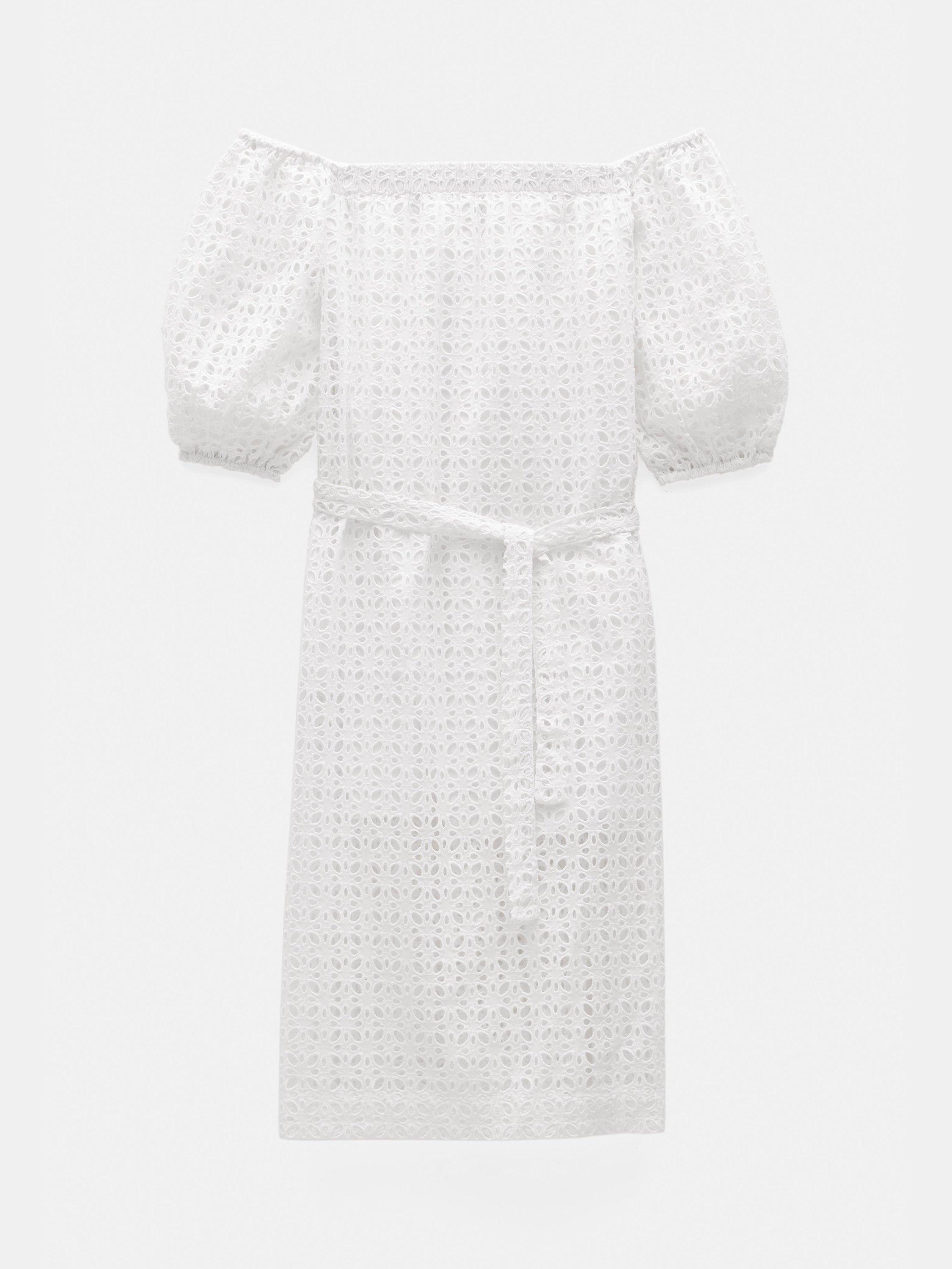 Product image 4 of 5, which shows HUSH Off Shoulder Broderie Anglaise Midi Dress, White, M