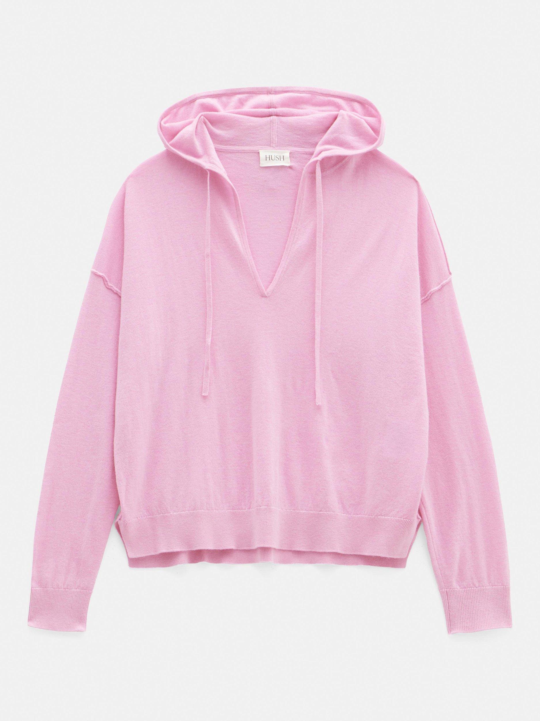 Product image 4 of 5, which shows HUSH Wool Blend V-Neck Knit Hoodie, Super Pink, L-XL