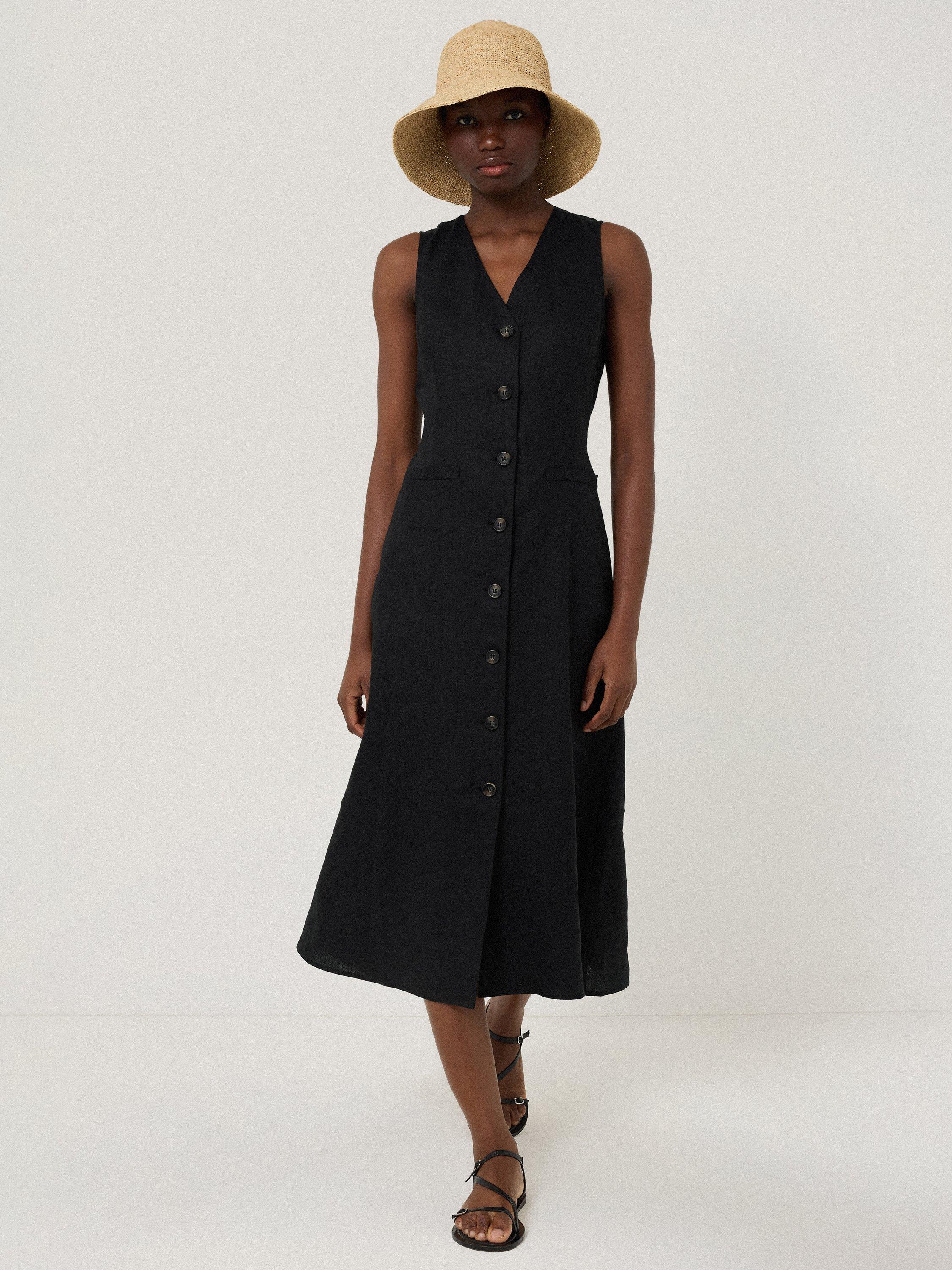 Product image 4 of 6, which shows Jigsaw Linen Waistcoat Midi Dress, Black, 6