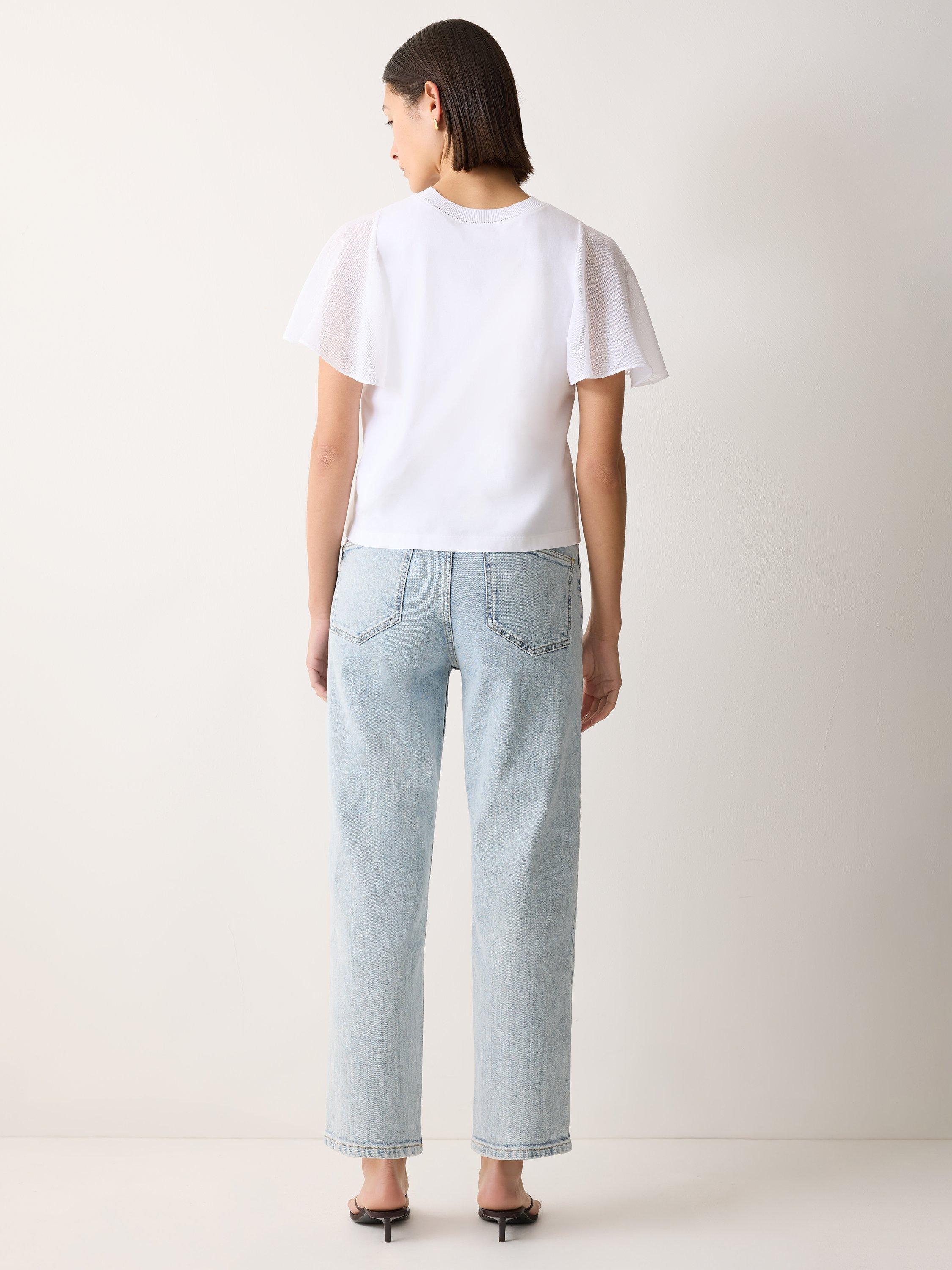 Product image 2 of 6, which shows Jigsaw Gauze Sleeve Round Neck Cotton Jersey Top, White, XS