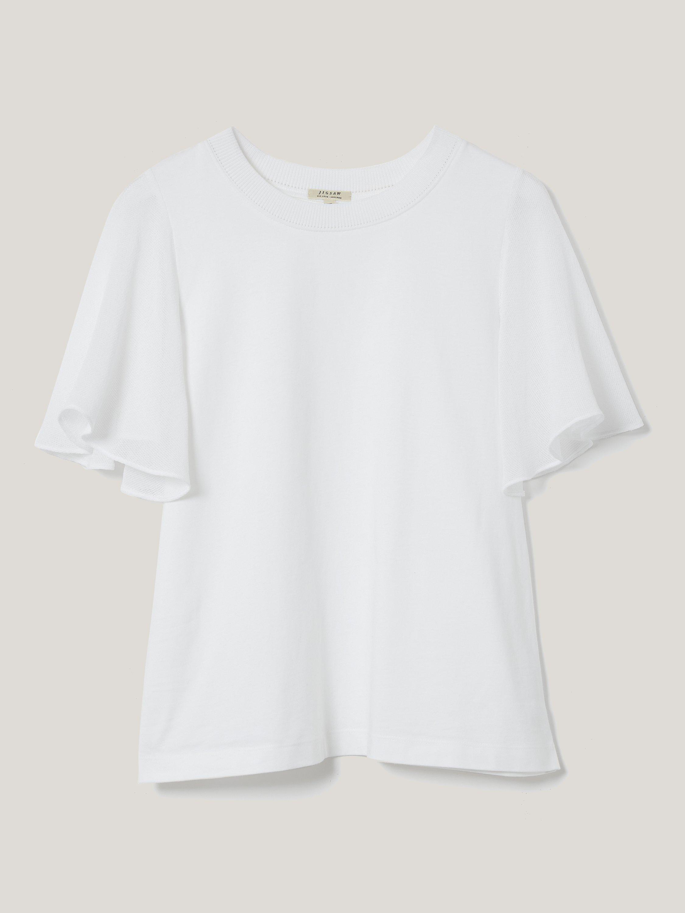 Product image 5 of 6, which shows Jigsaw Gauze Sleeve Round Neck Cotton Jersey Top, White, XS