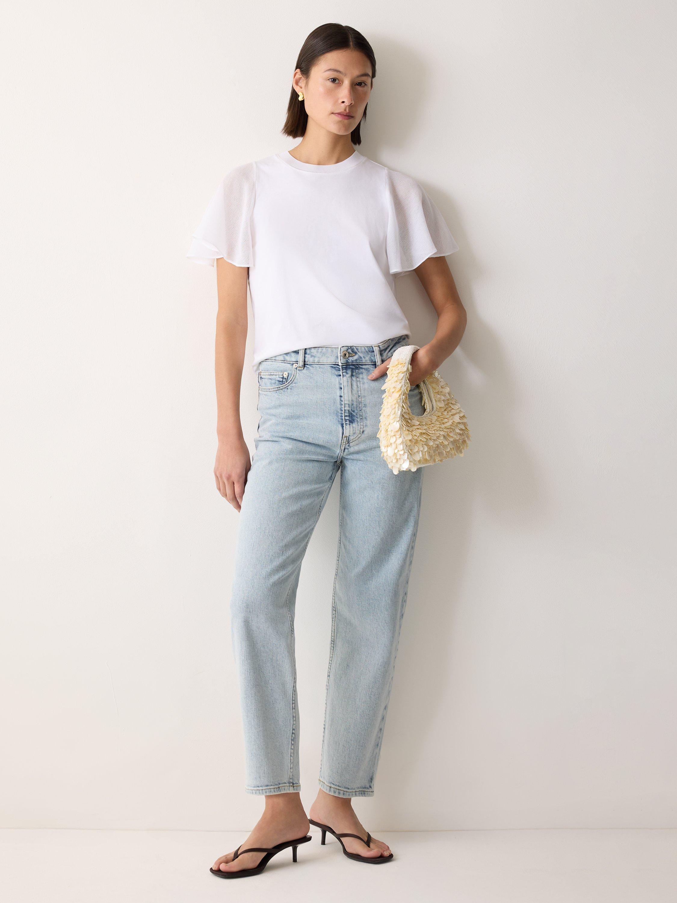 Product image 6 of 6, which shows Jigsaw Gauze Sleeve Round Neck Cotton Jersey Top, White, XS