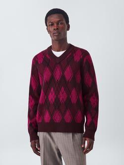 John Lewis Lambswool Blend V-Neck Argyle Jumper, Fig