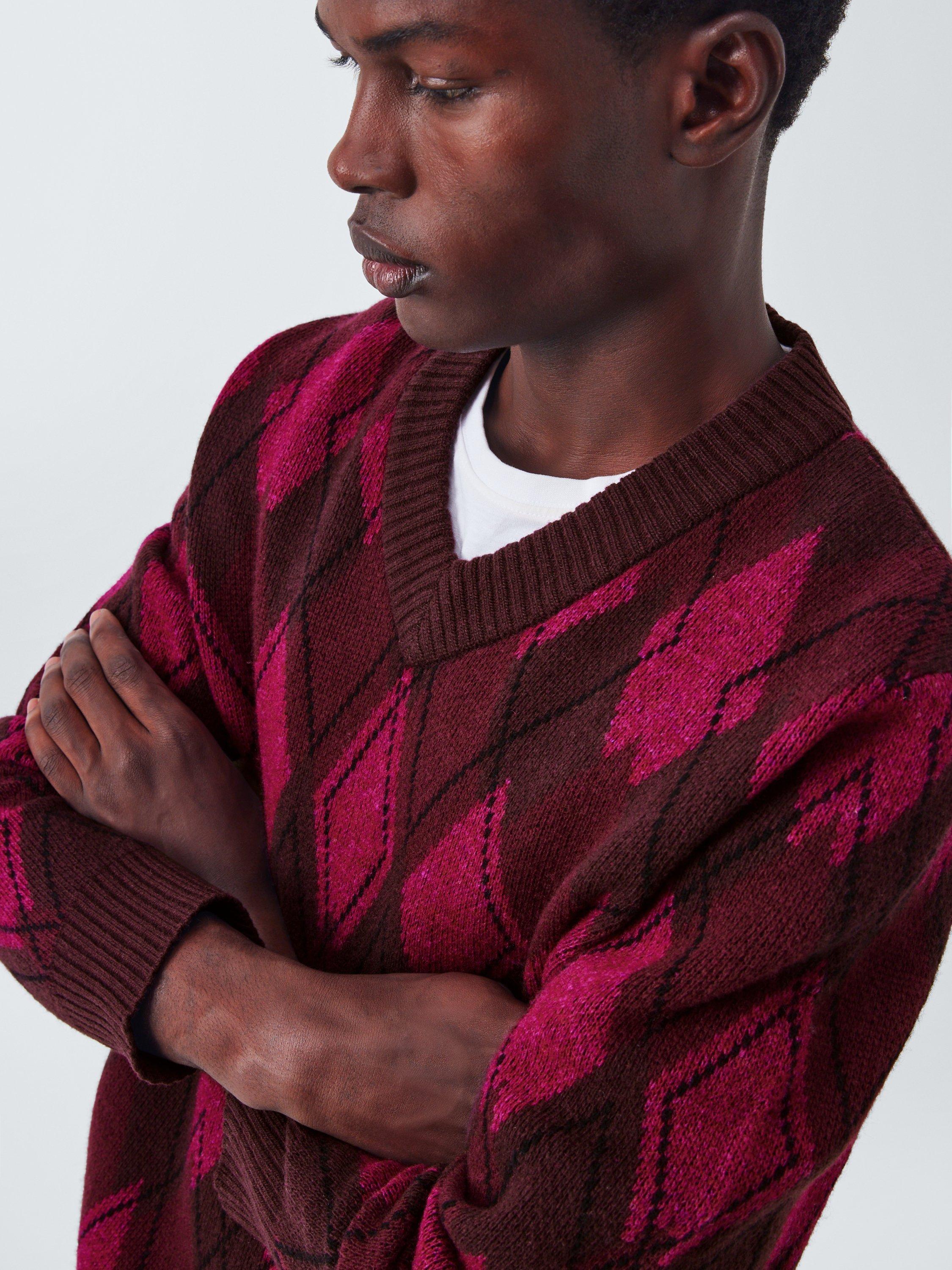 Product image 5 of 6, which shows John Lewis Lambswool Blend V-Neck Argyle Jumper, Fig, M