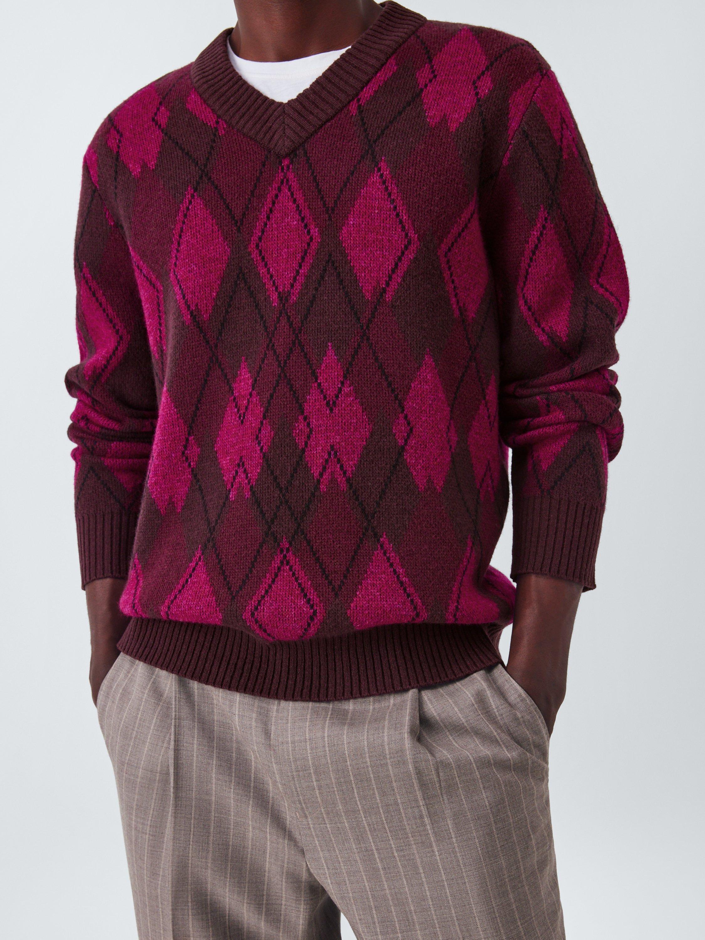 Product image 6 of 6, which shows John Lewis Lambswool Blend V-Neck Argyle Jumper, Fig, M