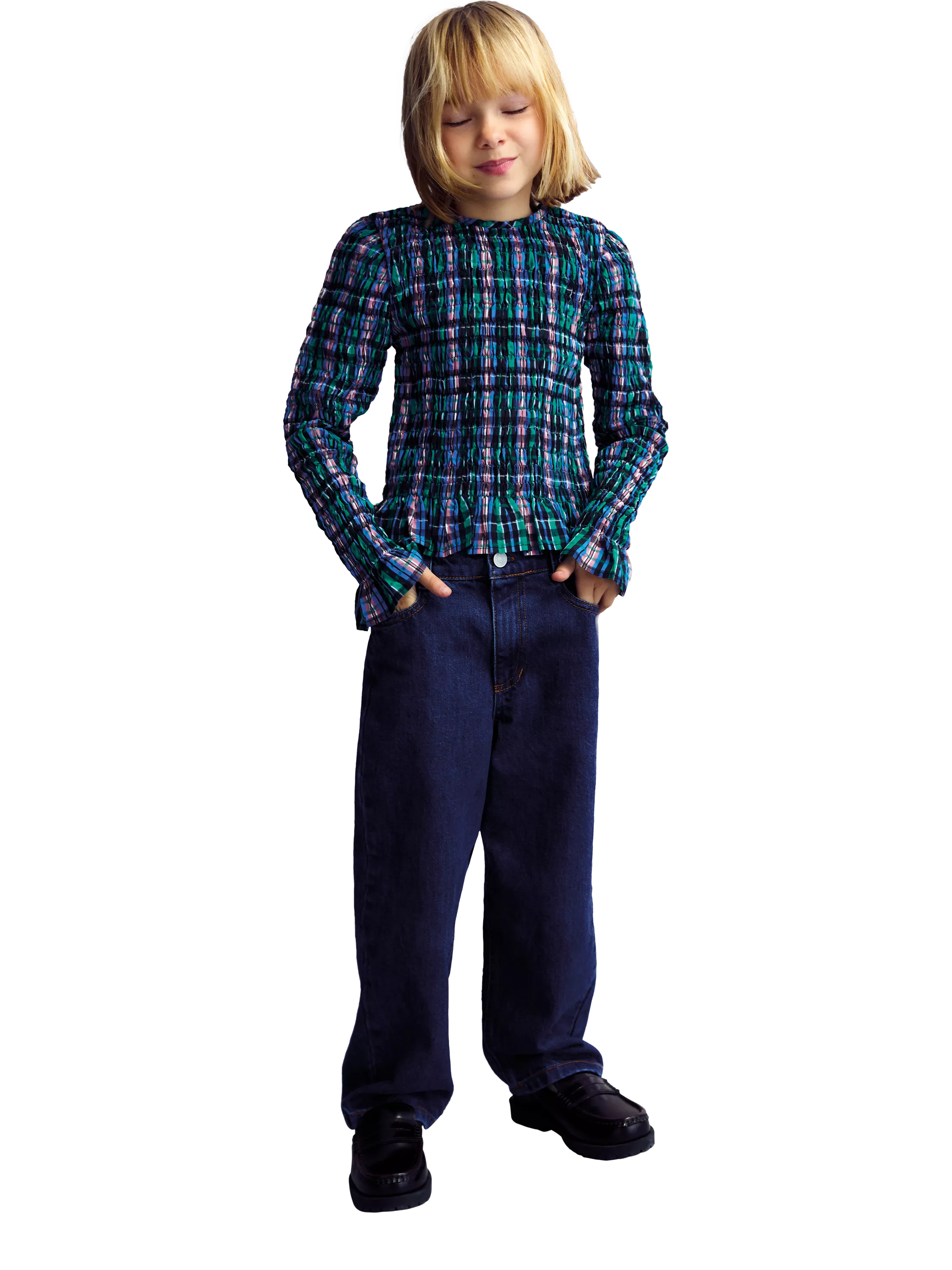 The New Society Kids' Lidia Long Sleeved Smocked Blouse, Infinite Navy Checks