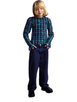 The New Society Kids' Lidia Long Sleeved Smocked Blouse, Infinite Navy Checks, Infinite Navy Checks