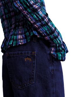 The New Society Kids' Lidia Long Sleeved Smocked Blouse, Infinite Navy Checks - view 2, Infinite Navy Checks