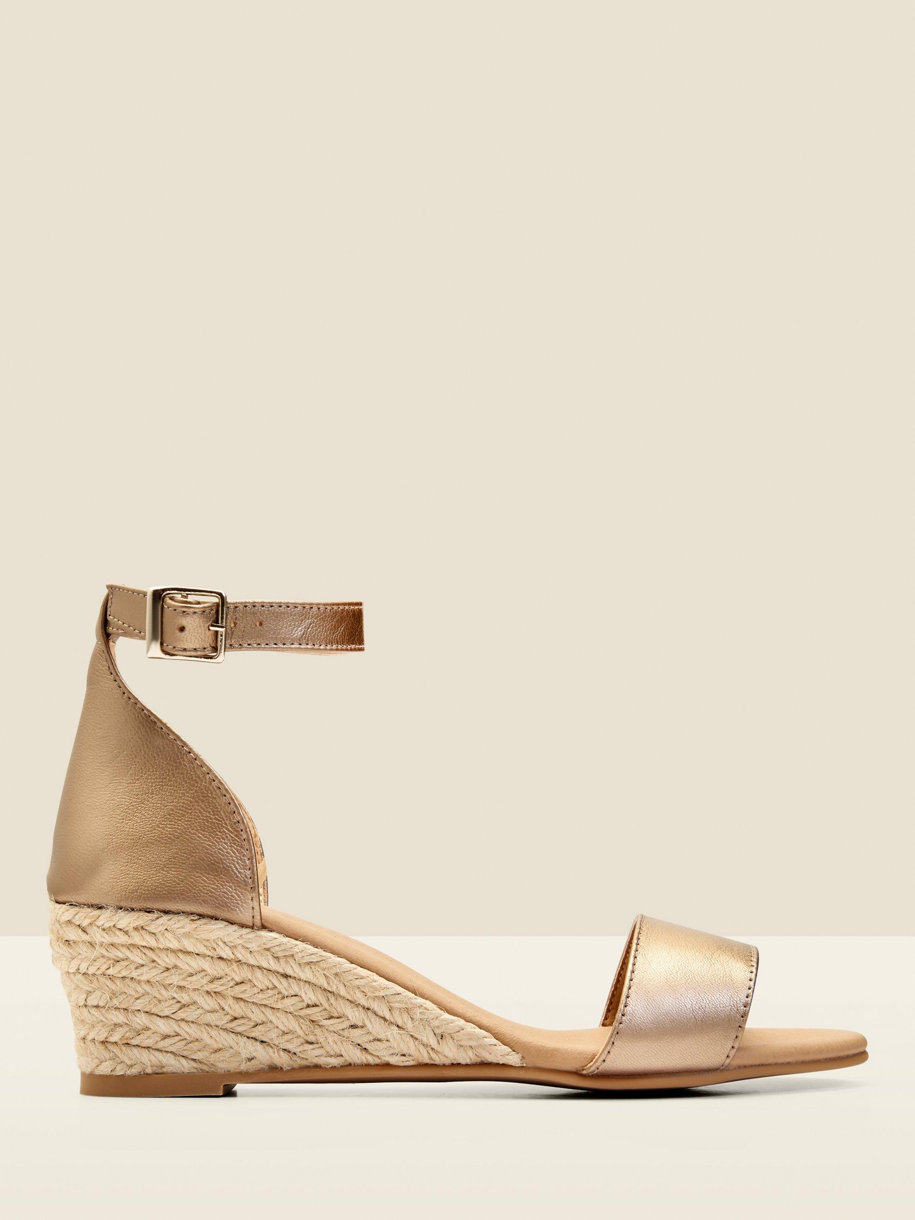 Product image 1 of 2, which shows Sosandar Ines Low Heel Wedge Espadrille Sandals, Gold, 5