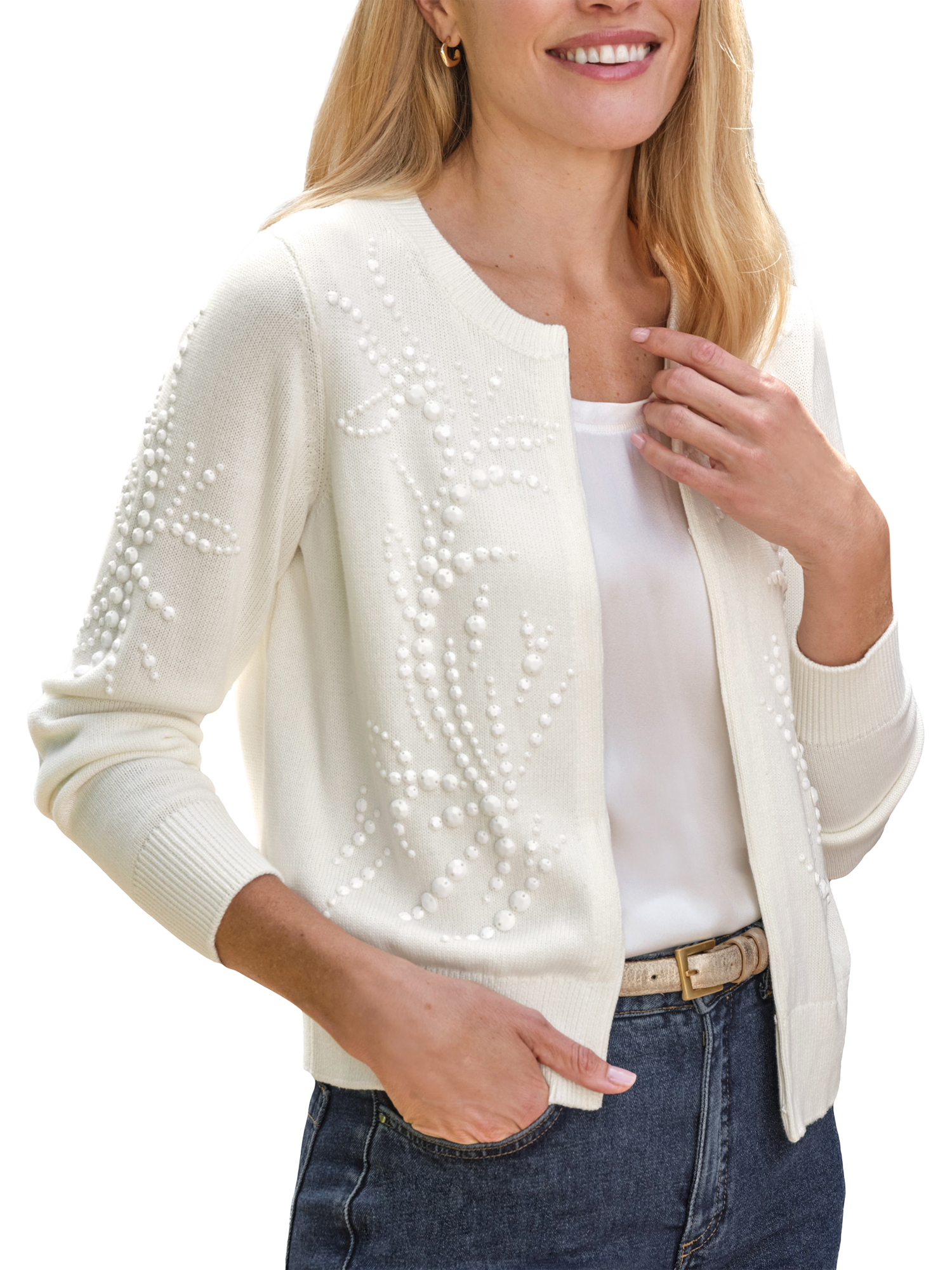 Product image 1 of 3, which shows Pure Collection Beaded Crew Neck Cardigan, White, 8