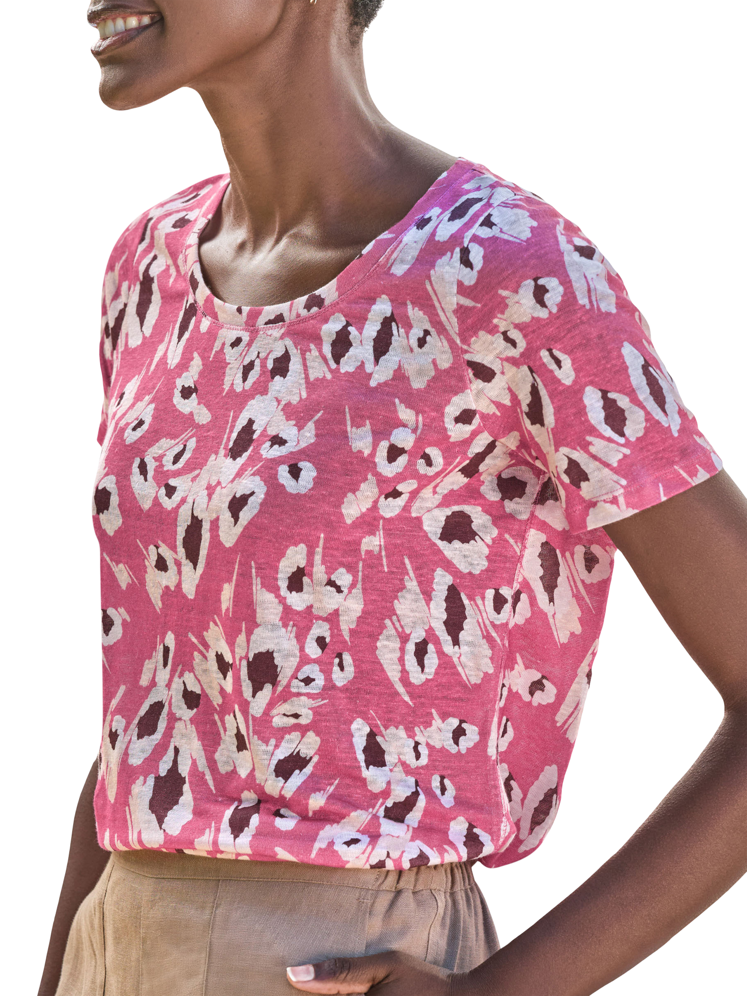 Product image 1 of 3, which shows Pure Collection Linen Animal Print T-Shirt, Pink/Multi, 8