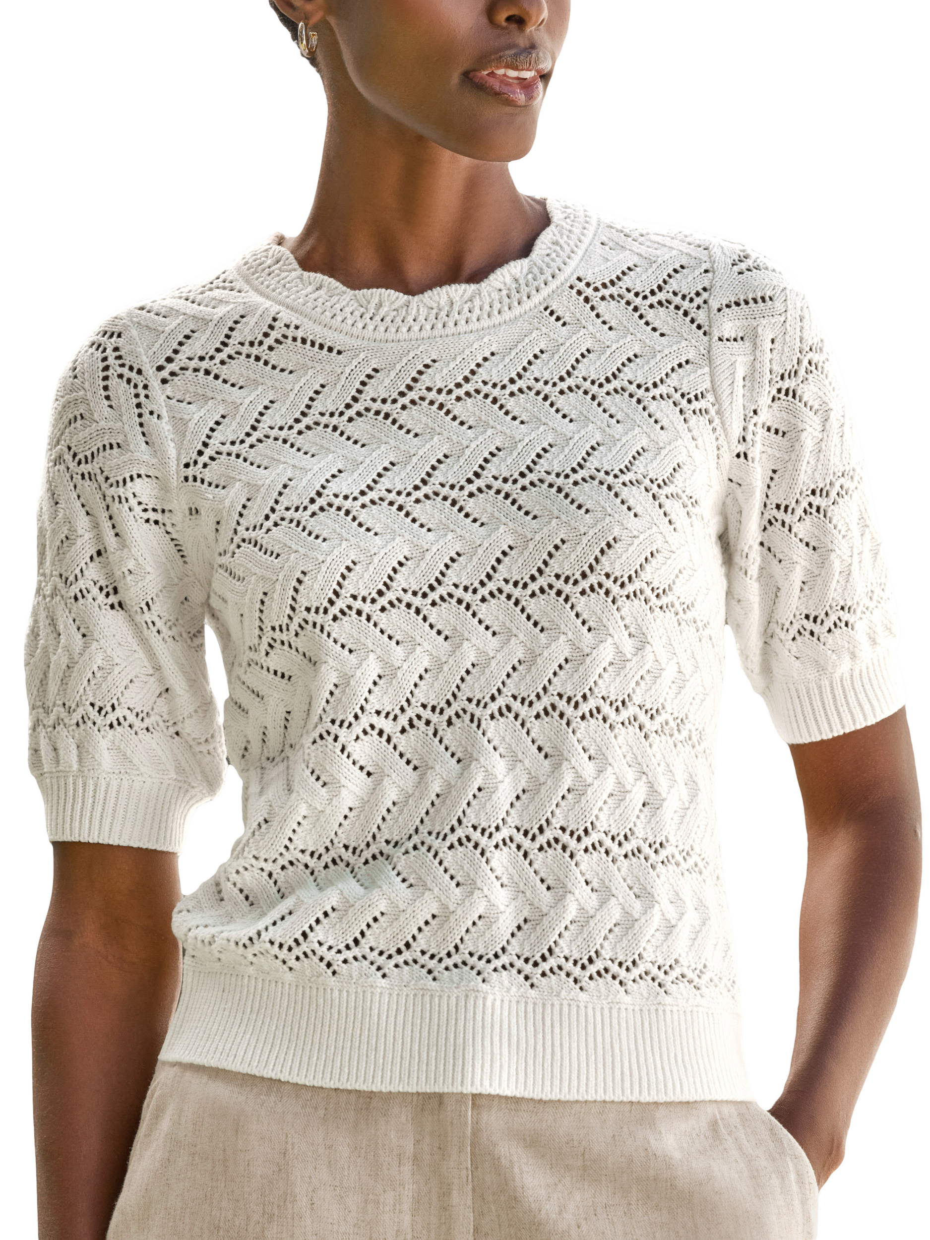 Product image 1 of 3, which shows Pure Collection Cotton Crochet Trim Top, White, 8