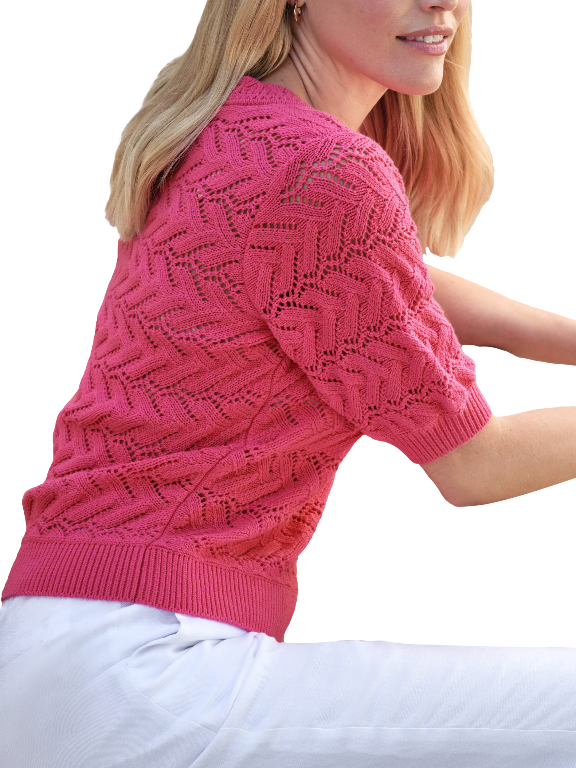 Product image 2 of 3, which shows Pure Collection Cotton Crochet Trim Top, Hot Pink, 8