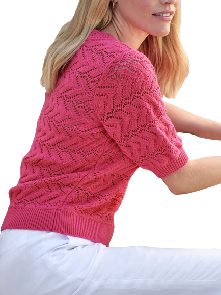 Pure Collection Cotton Crochet Trim Top - view 2, Hot Pink