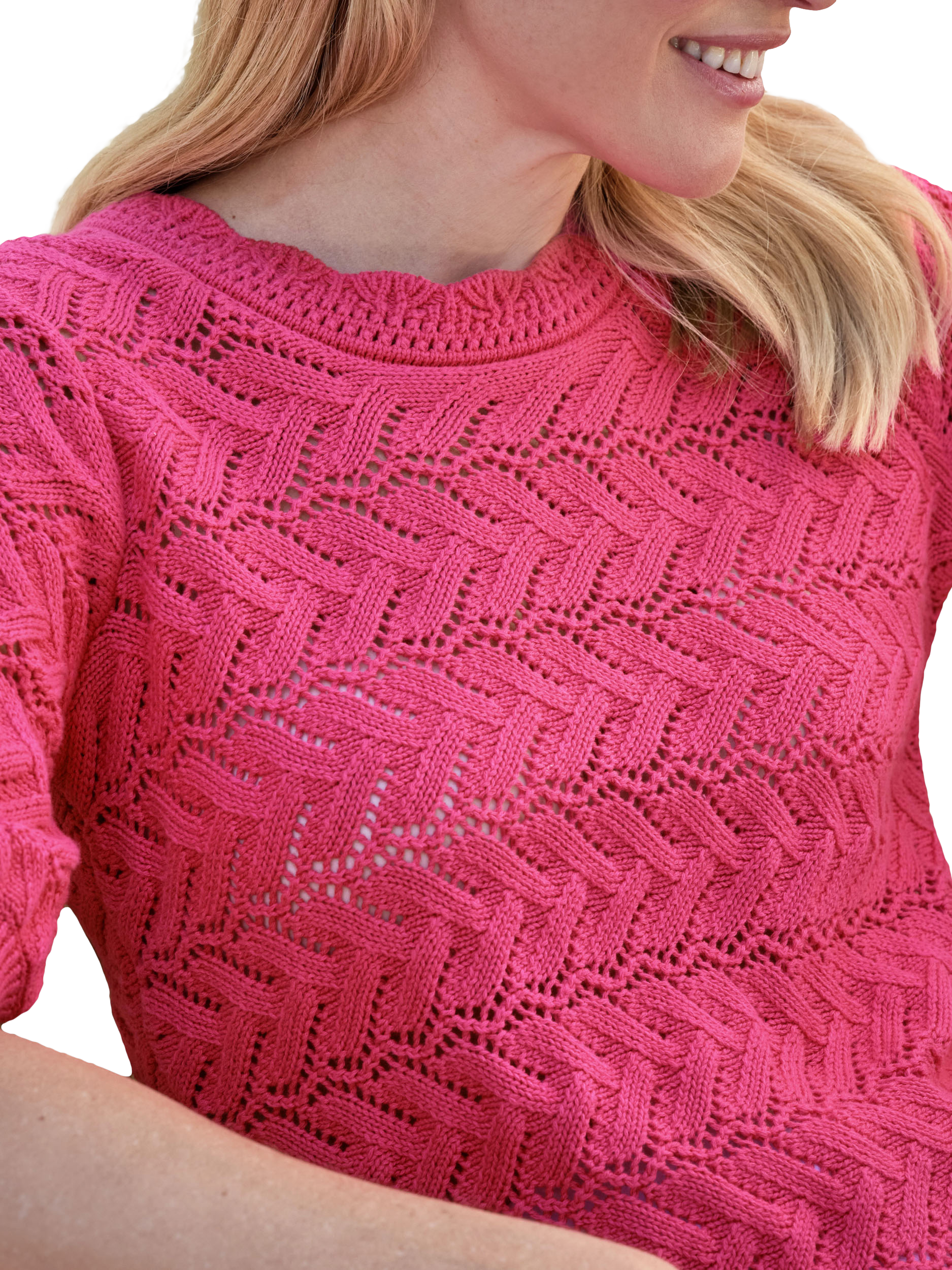 Product image 3 of 3, which shows Pure Collection Cotton Crochet Trim Top, Hot Pink, 8
