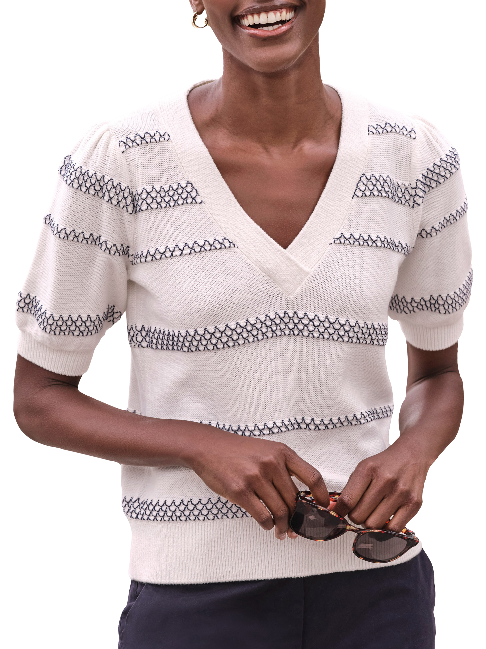 Product image 1 of 3, which shows Pure Collection Short Sleeve Puff Stripe Cotton Sweater, Soft White/ Navy, 8