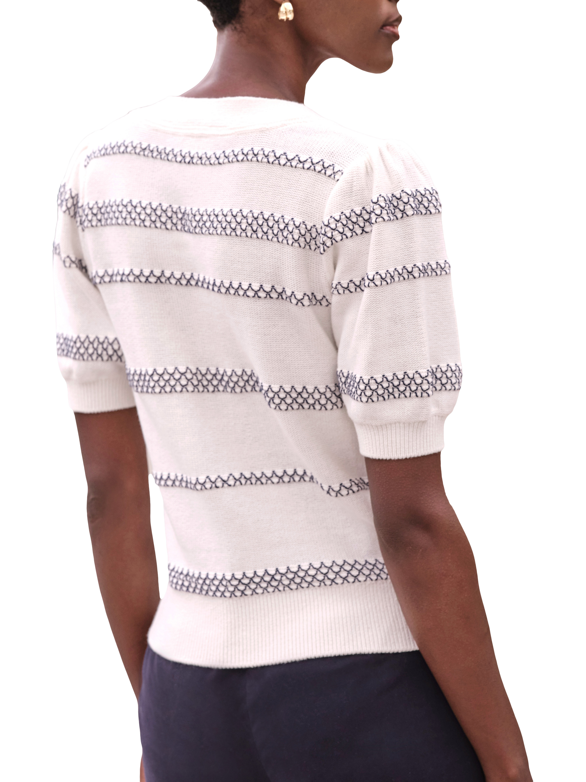 Product image 2 of 3, which shows Pure Collection Short Sleeve Puff Stripe Cotton Sweater, Soft White/ Navy, 8