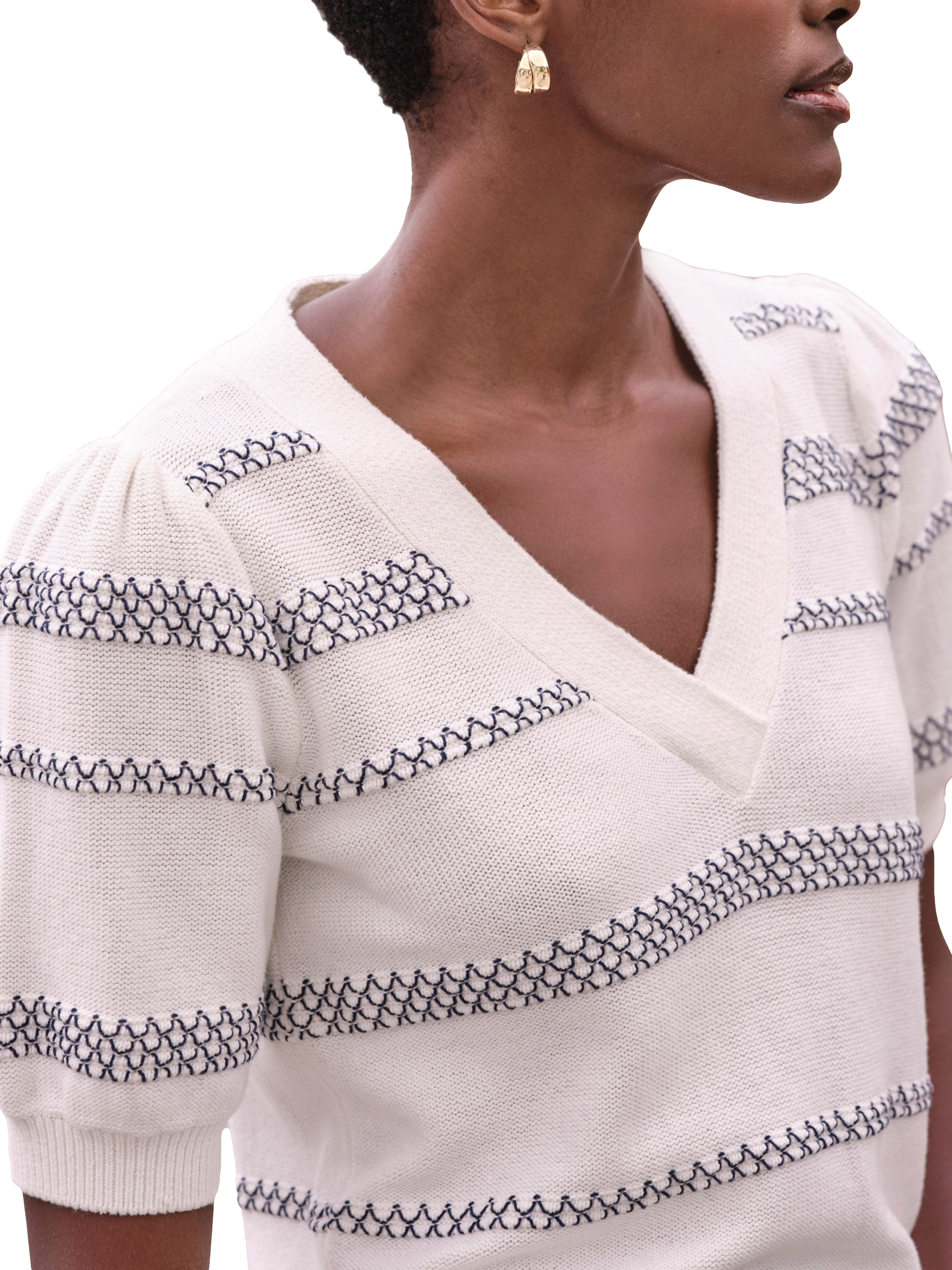 Product image 3 of 3, which shows Pure Collection Short Sleeve Puff Stripe Cotton Sweater, Soft White/ Navy, 8