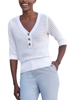 Pure Collection Button Neck Mesh Cotton Top, Soft White