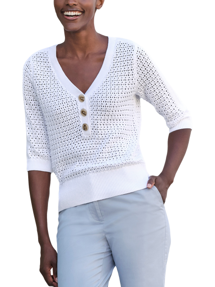 Pure Collection Button Neck Mesh Cotton Top, Soft White