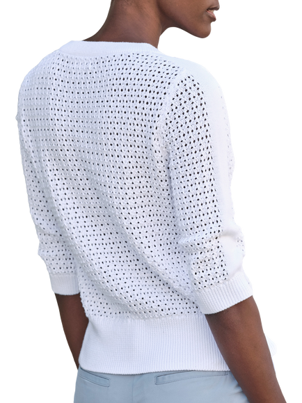 Pure Collection Button Neck Mesh Cotton Top - view 2, Soft White