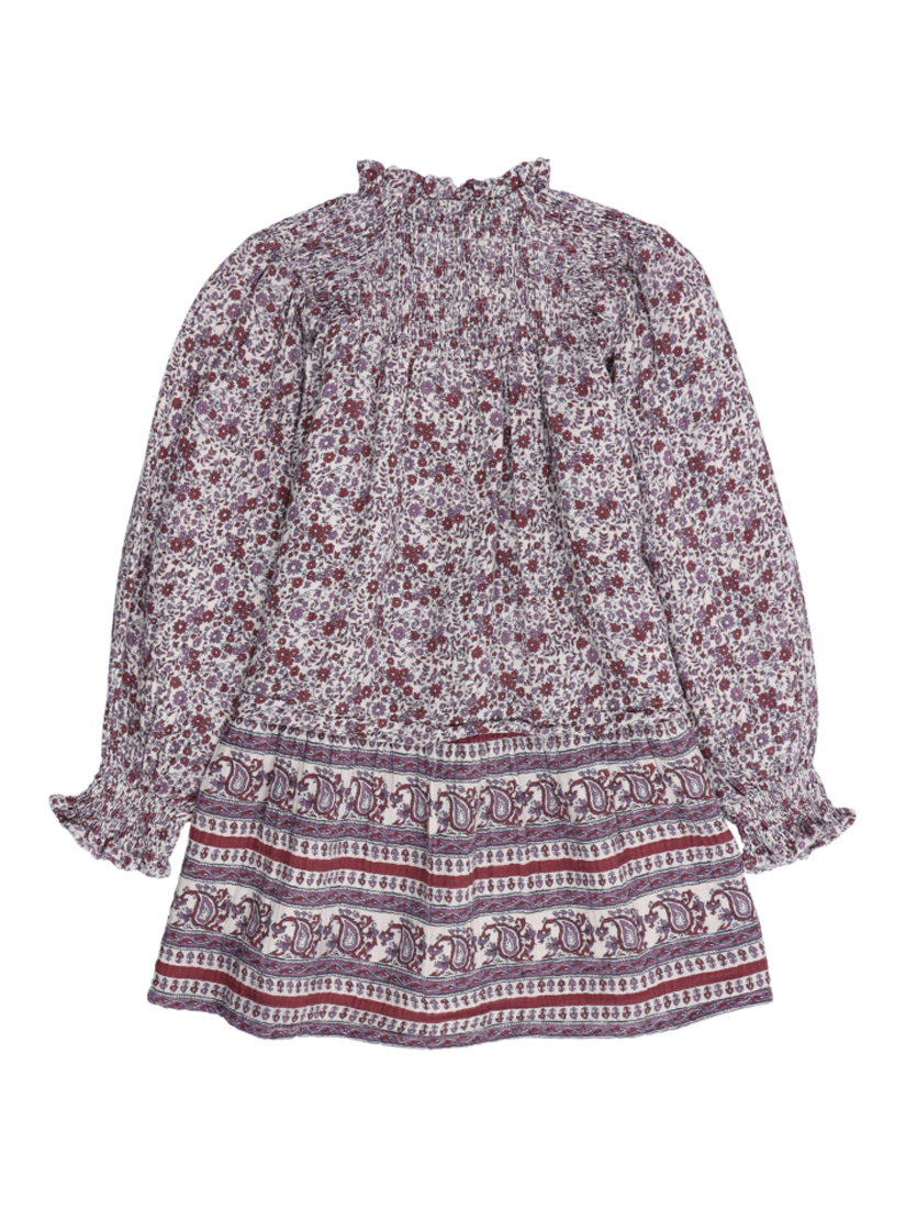 a The New Society Kids' Cotton High Neck Ruffle Dress on a grey background