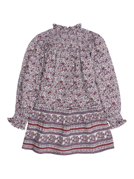The New Society Kids' Cotton High Neck Ruffle Dress, Samara Print, Multi