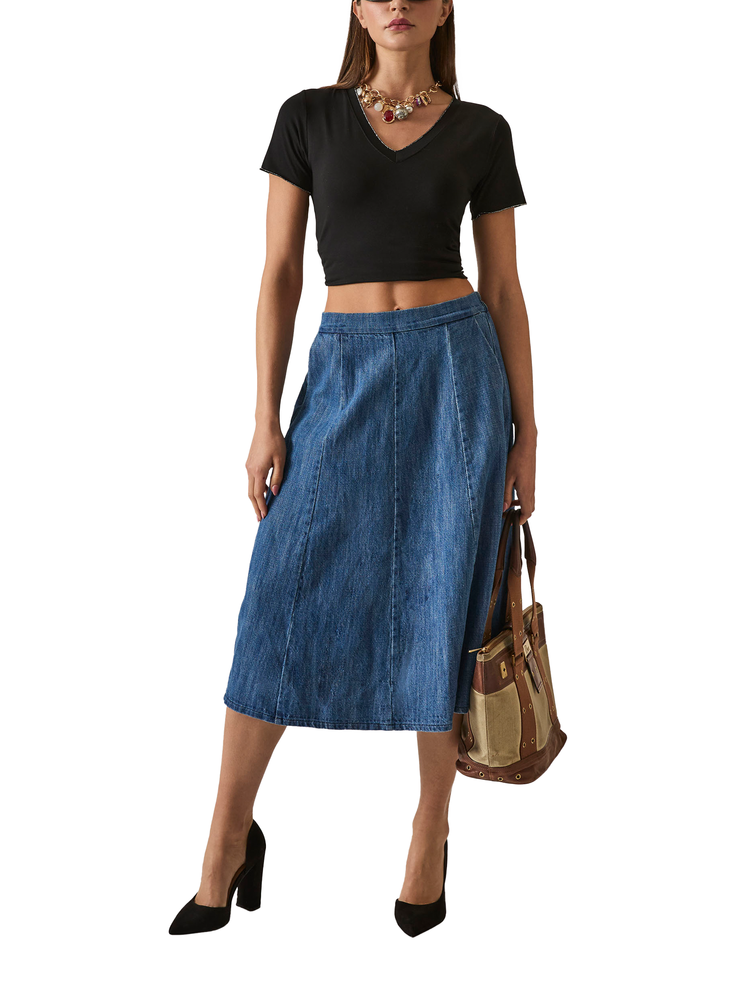 Product image 5 of 6, which shows James Lakeland Denim Flared Skirt, Blue, 8