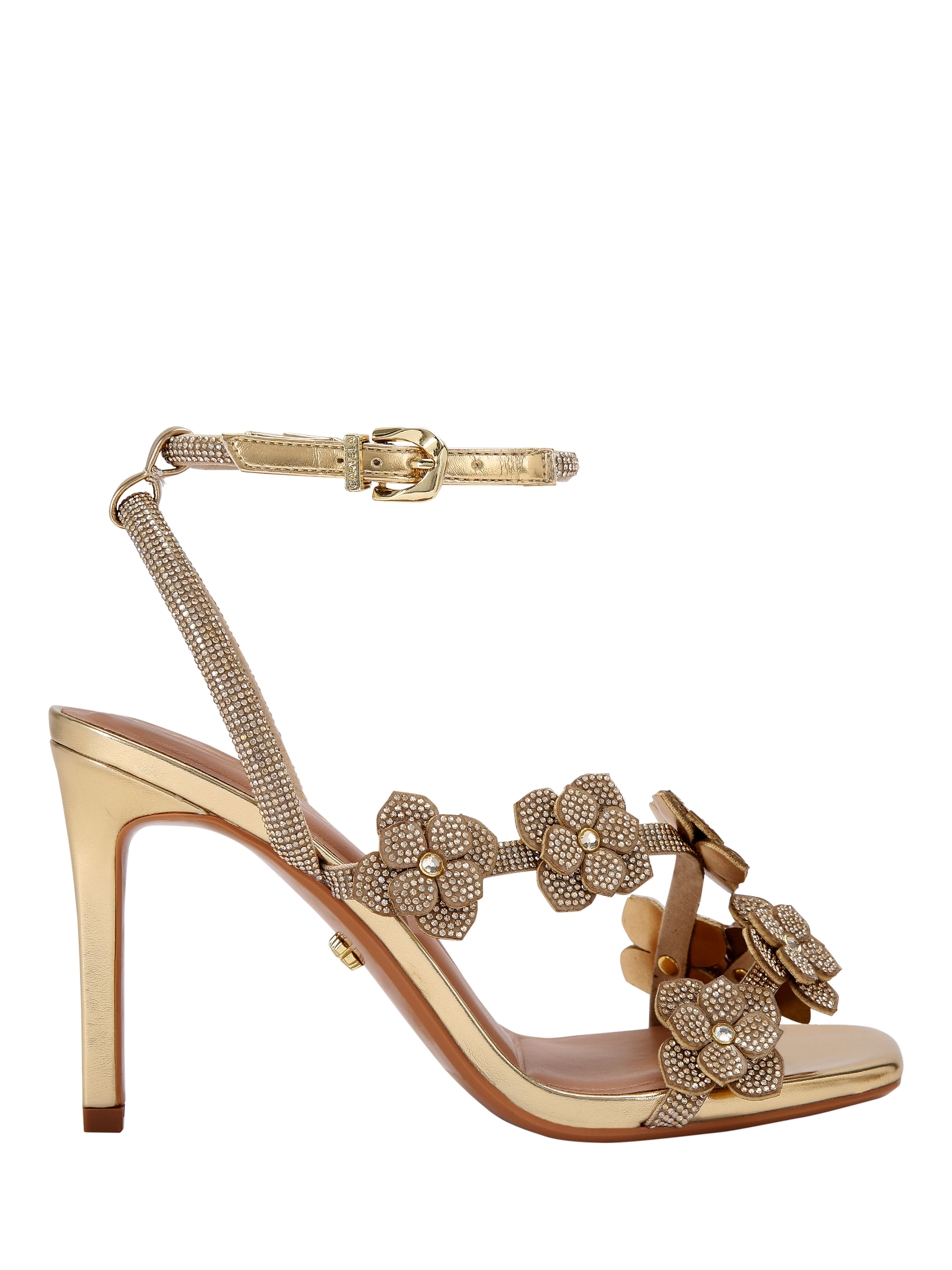 Product image 1 of 4, which shows Carvela Petalo 3D Crystal Flower Sandals, Gold, 3