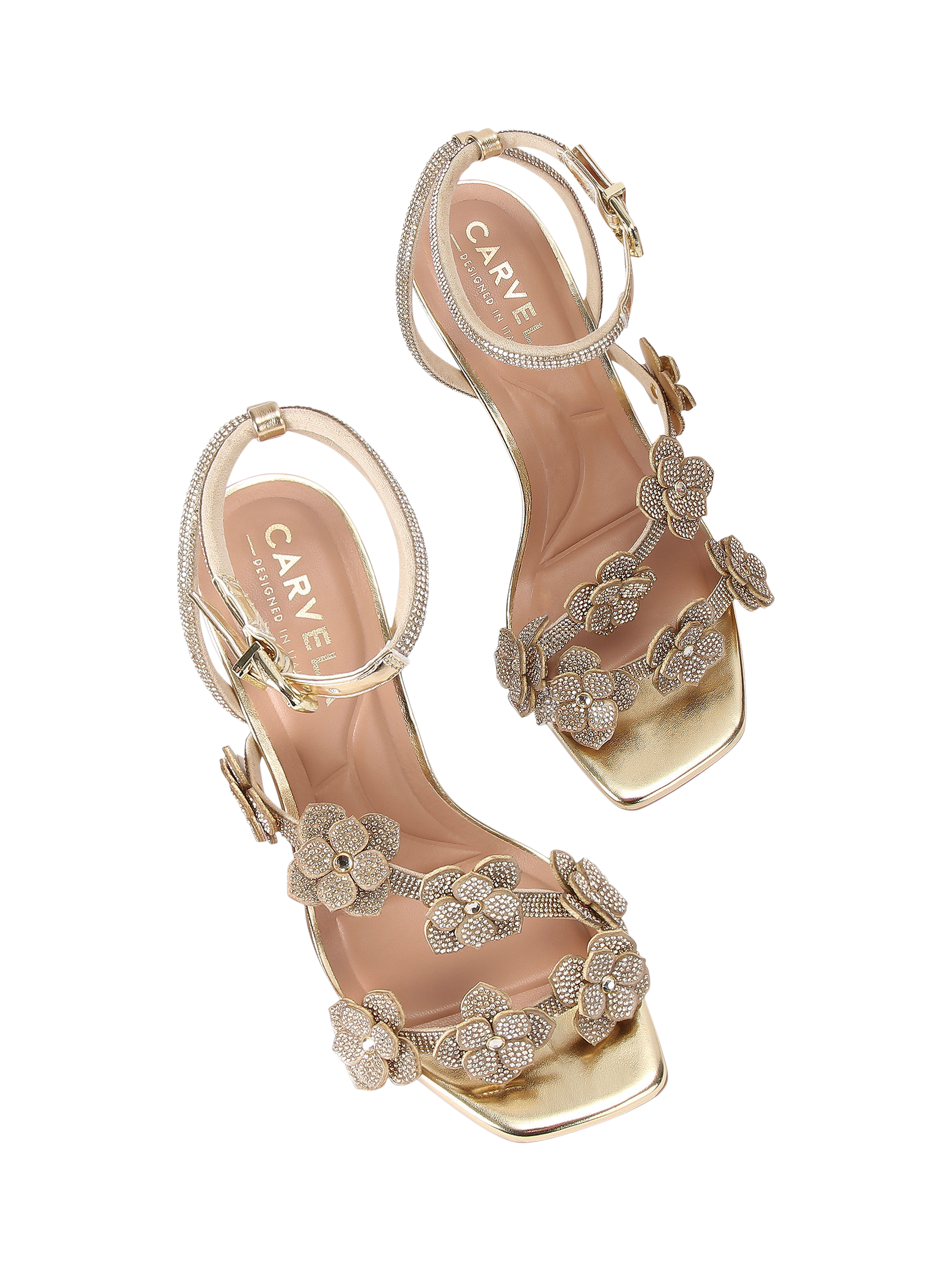 Product image 3 of 4, which shows Carvela Petalo 3D Crystal Flower Sandals, Gold, 3