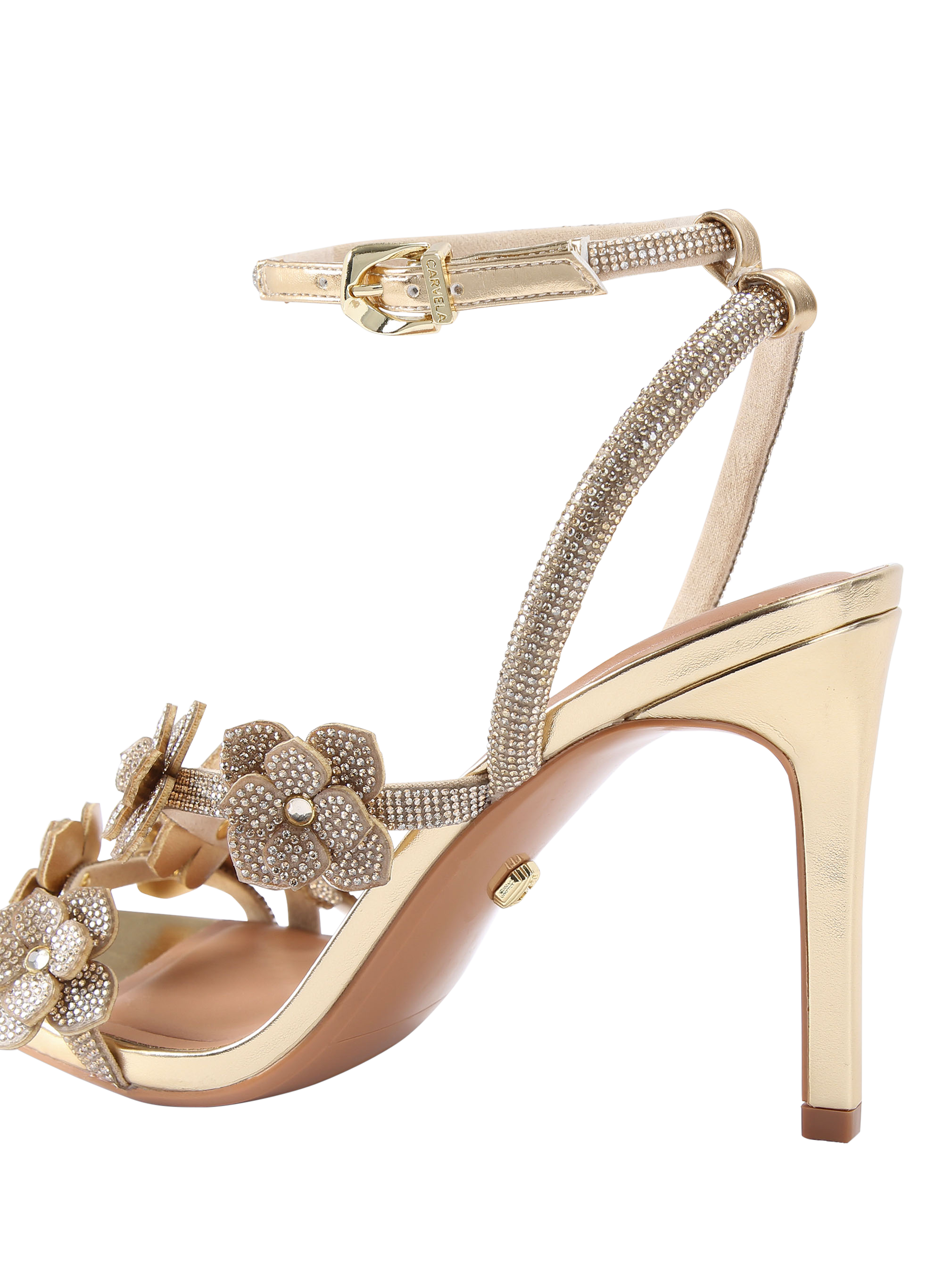 Product image 4 of 4, which shows Carvela Petalo 3D Crystal Flower Sandals, Gold, 3