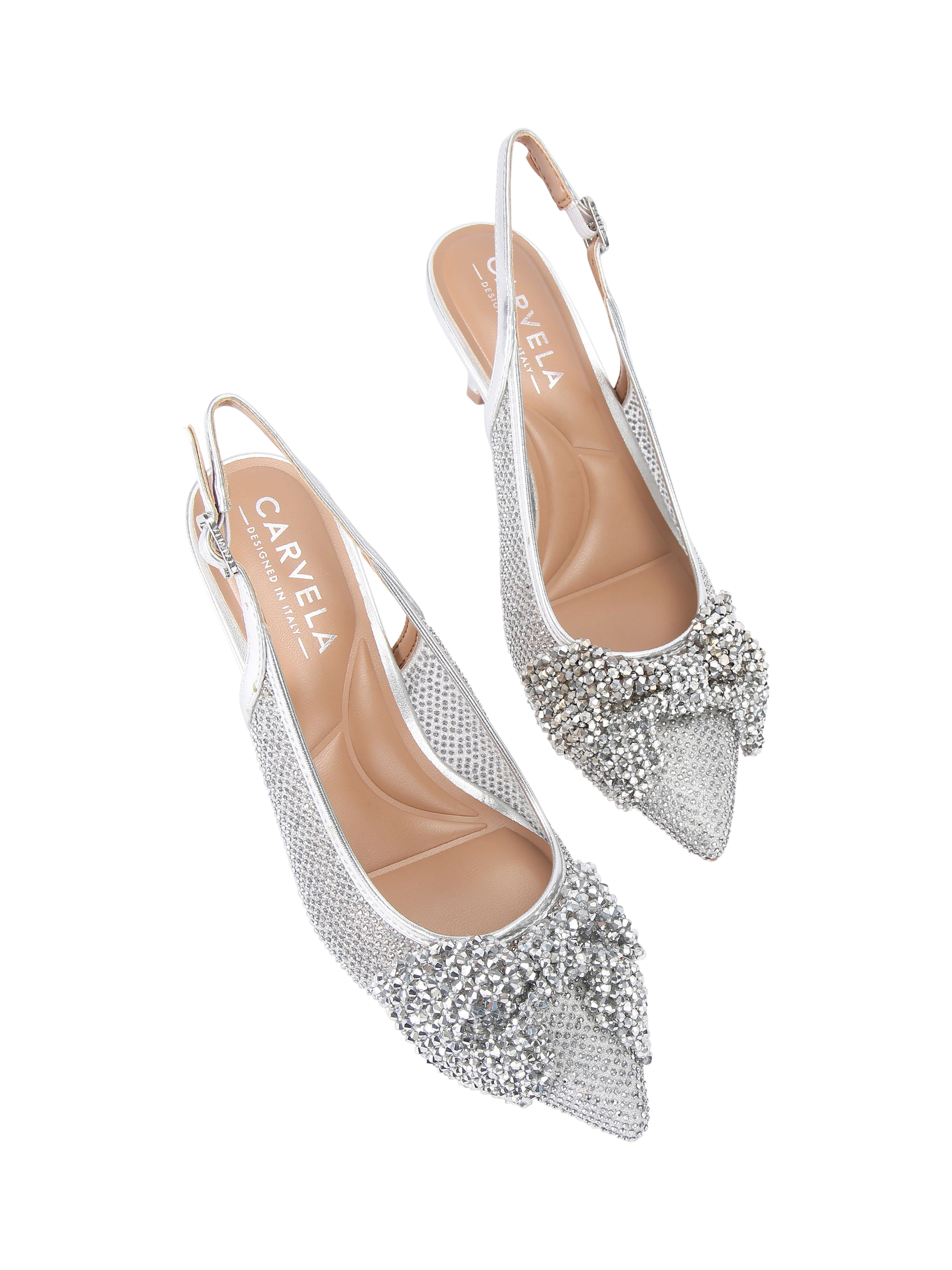 Product image 3 of 4, which shows Carvela Chiara Bow Embellished Slingback Court Shoes, Silver, 3