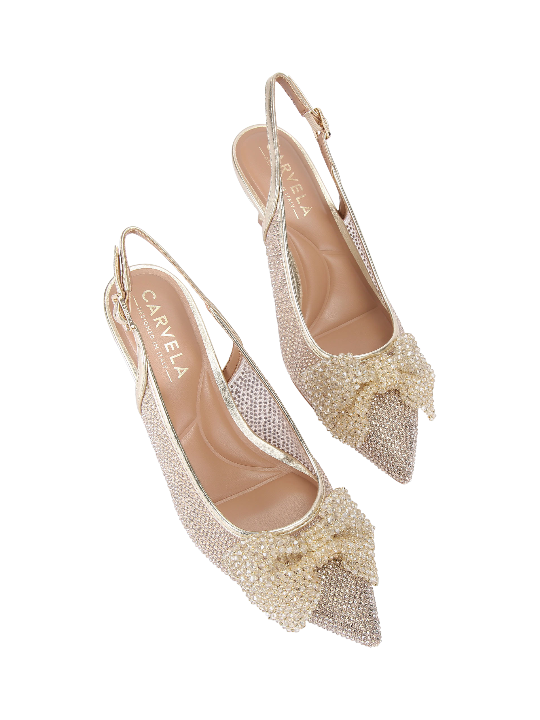 Product image 3 of 4, which shows Carvela Chiara Bow Embellished Slingback Court Shoes, Gold, 3