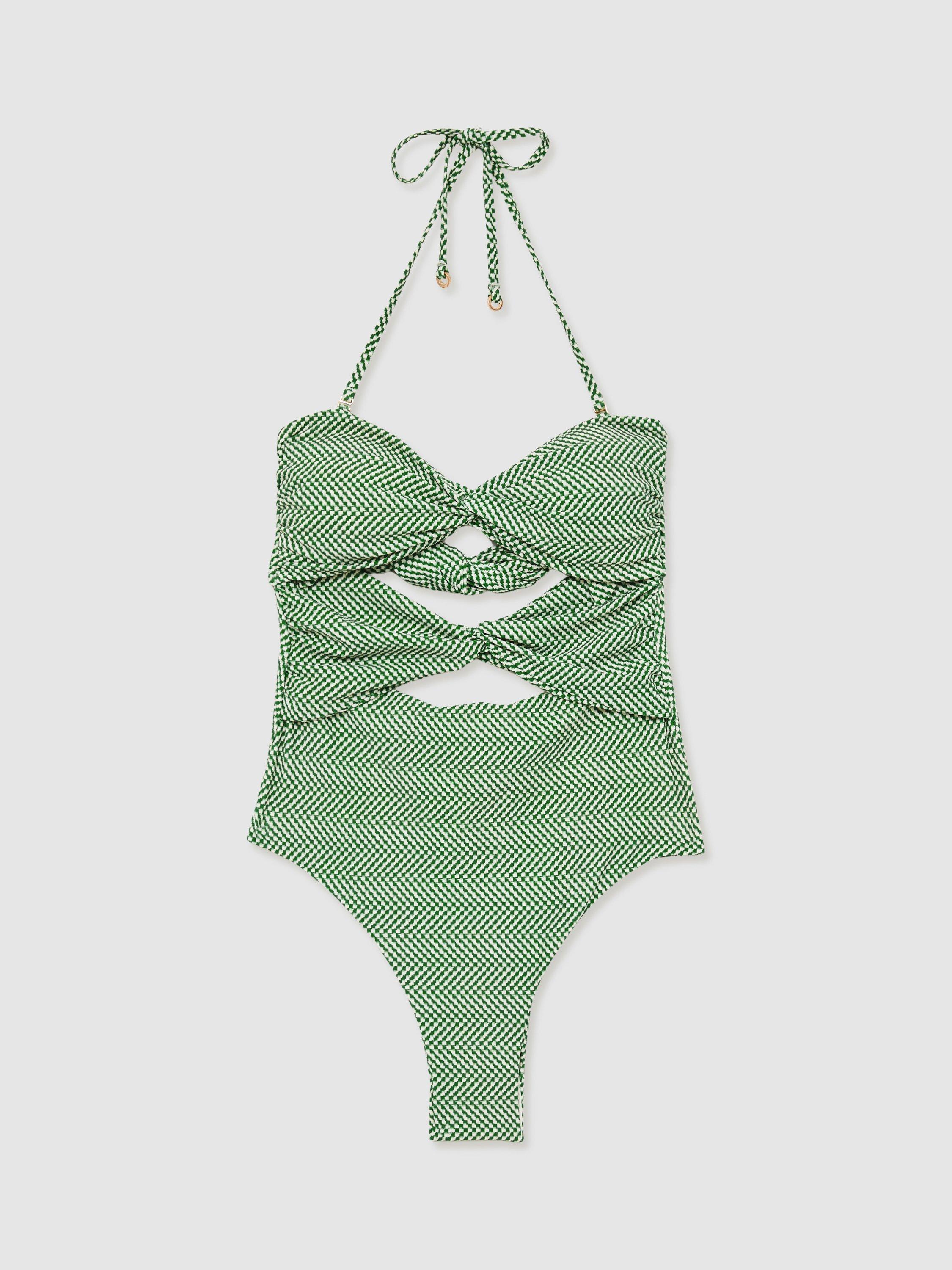 Product image 3 of 5, which shows Reiss Nelly Twist Check Swimsuit, Green/White, 12