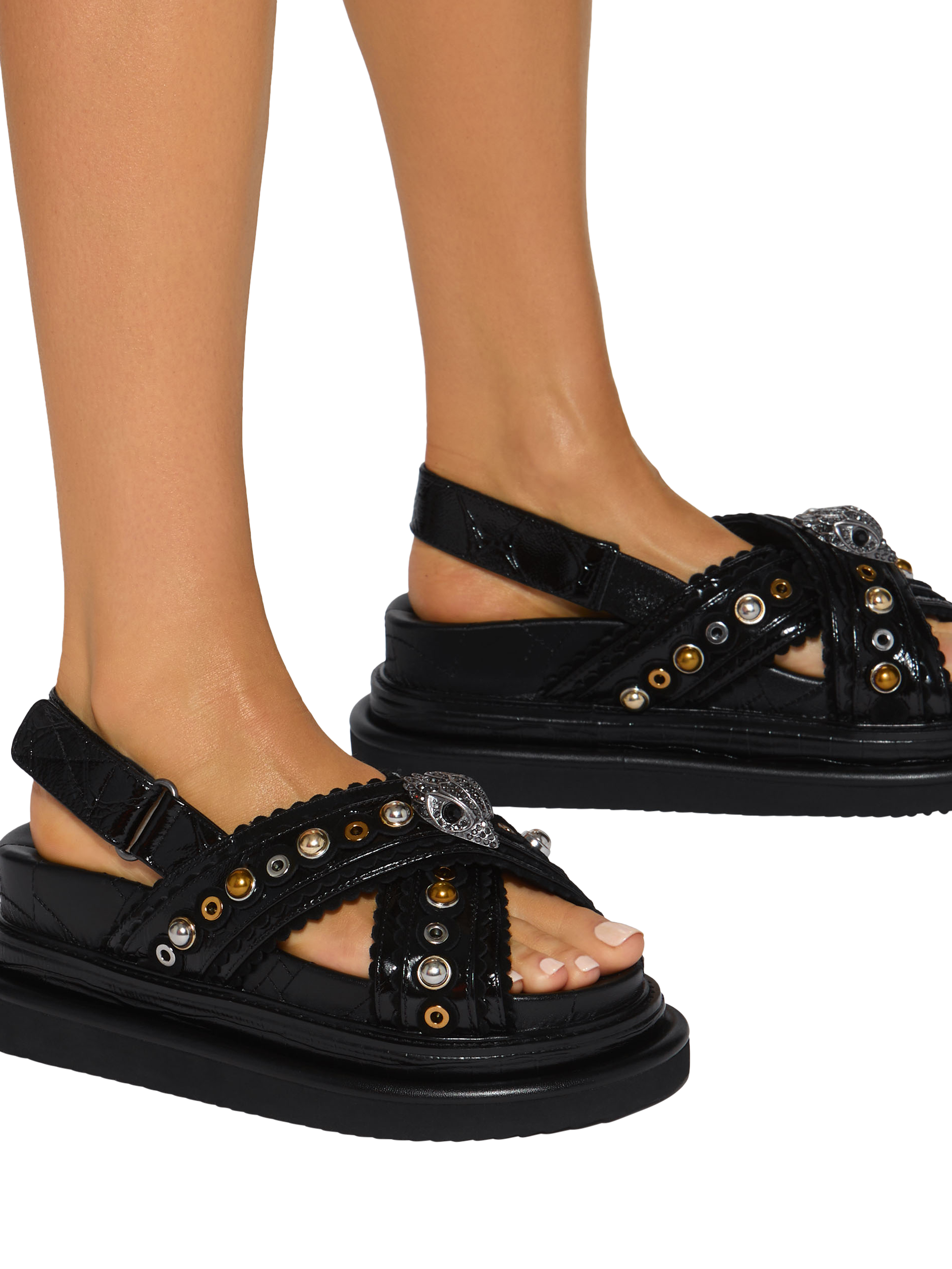 Product image 2 of 6, which shows Kurt Geiger London Cross Strap Flatform Leather Sandals, Black, 3