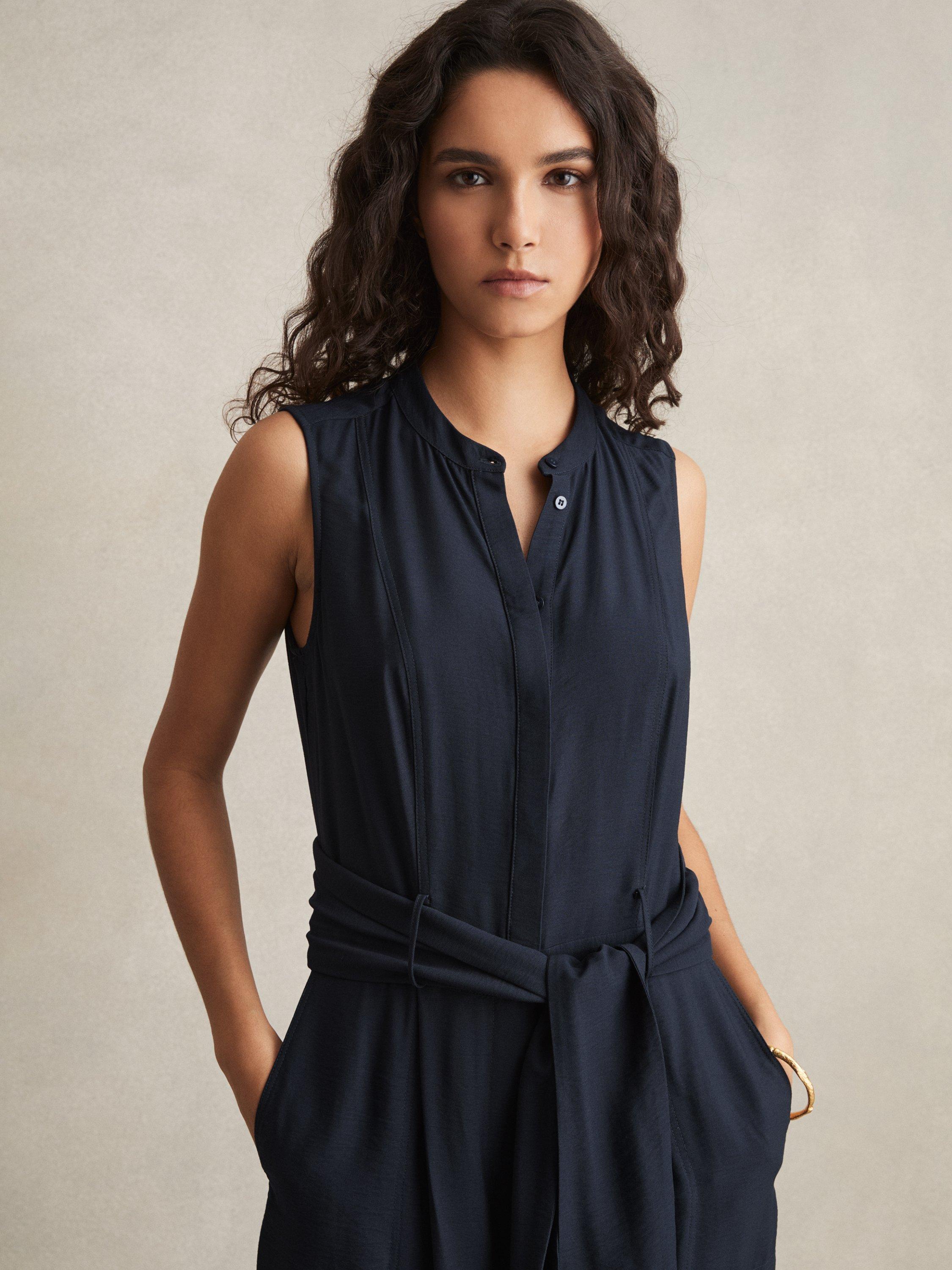 Product image 1 of 5, which shows Reiss Petite Raven Sleeveless Wide Leg Jumpsuit, Navy, 6Pt