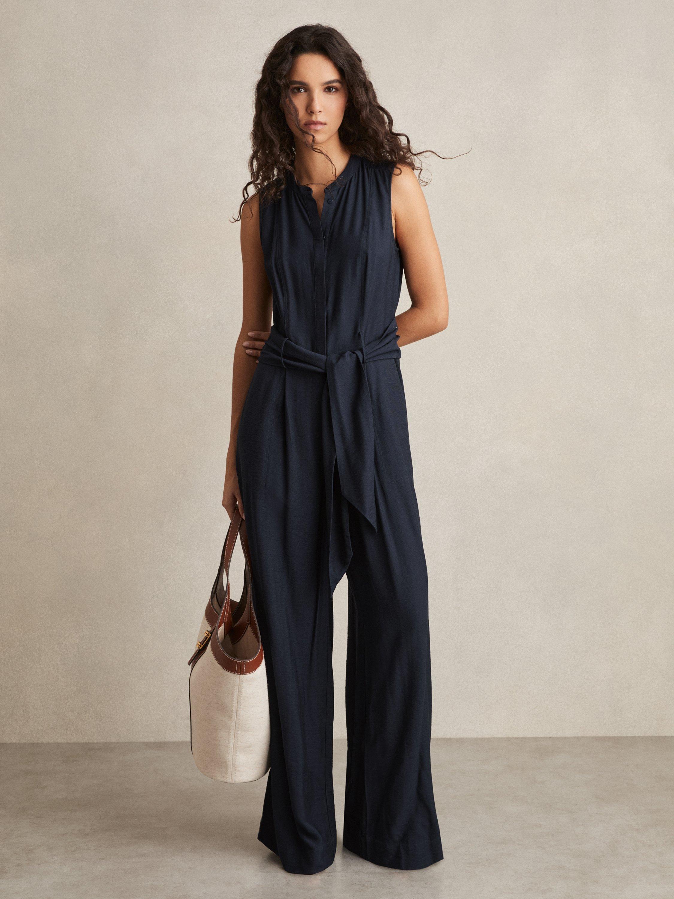 Product image 4 of 5, which shows Reiss Petite Raven Sleeveless Wide Leg Jumpsuit, Navy, 6Pt
