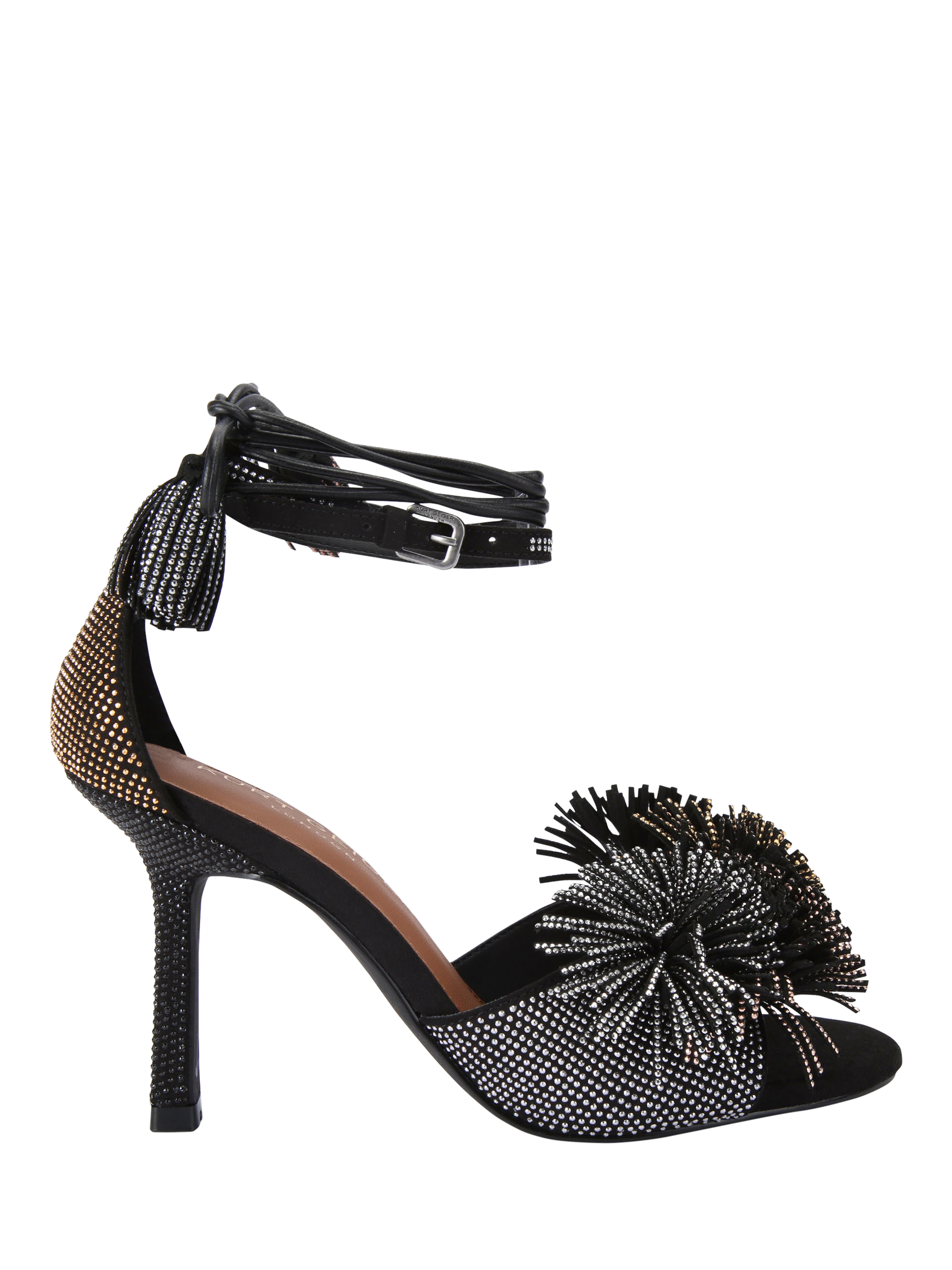 Product image 1 of 5, which shows Kurt Geiger London Pom Pom Suede Ankle Tie Sandals, Black, 3