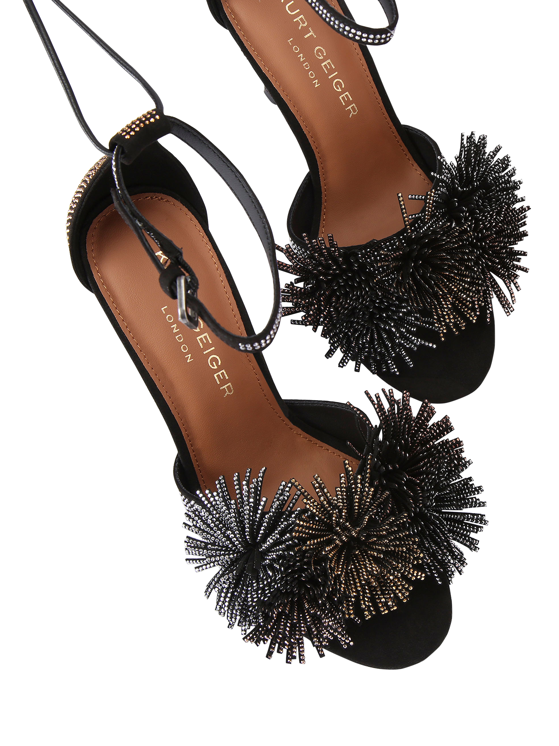 Product image 3 of 5, which shows Kurt Geiger London Pom Pom Suede Ankle Tie Sandals, Black, 3