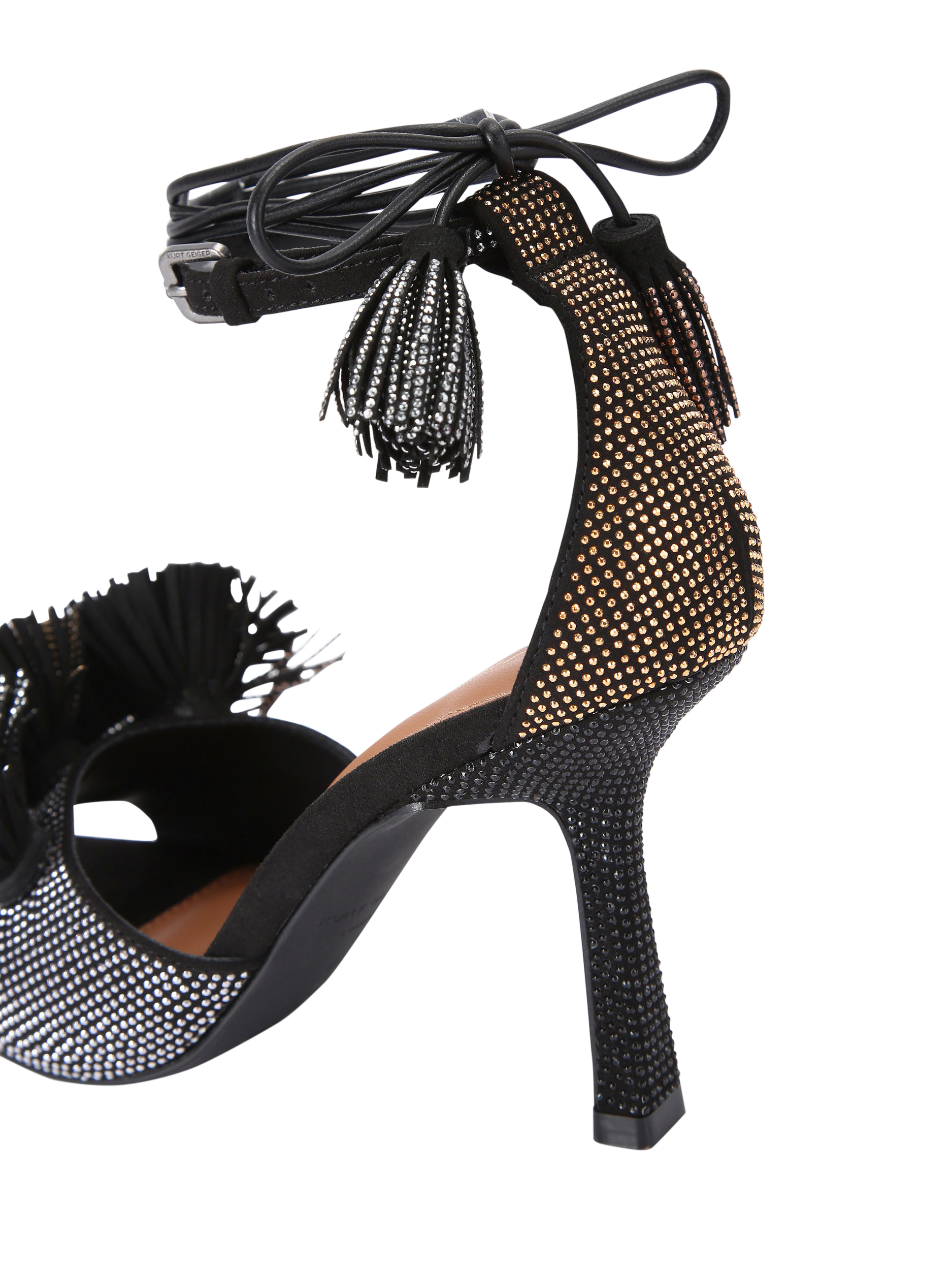 Product image 4 of 5, which shows Kurt Geiger London Pom Pom Suede Ankle Tie Sandals, Black, 3