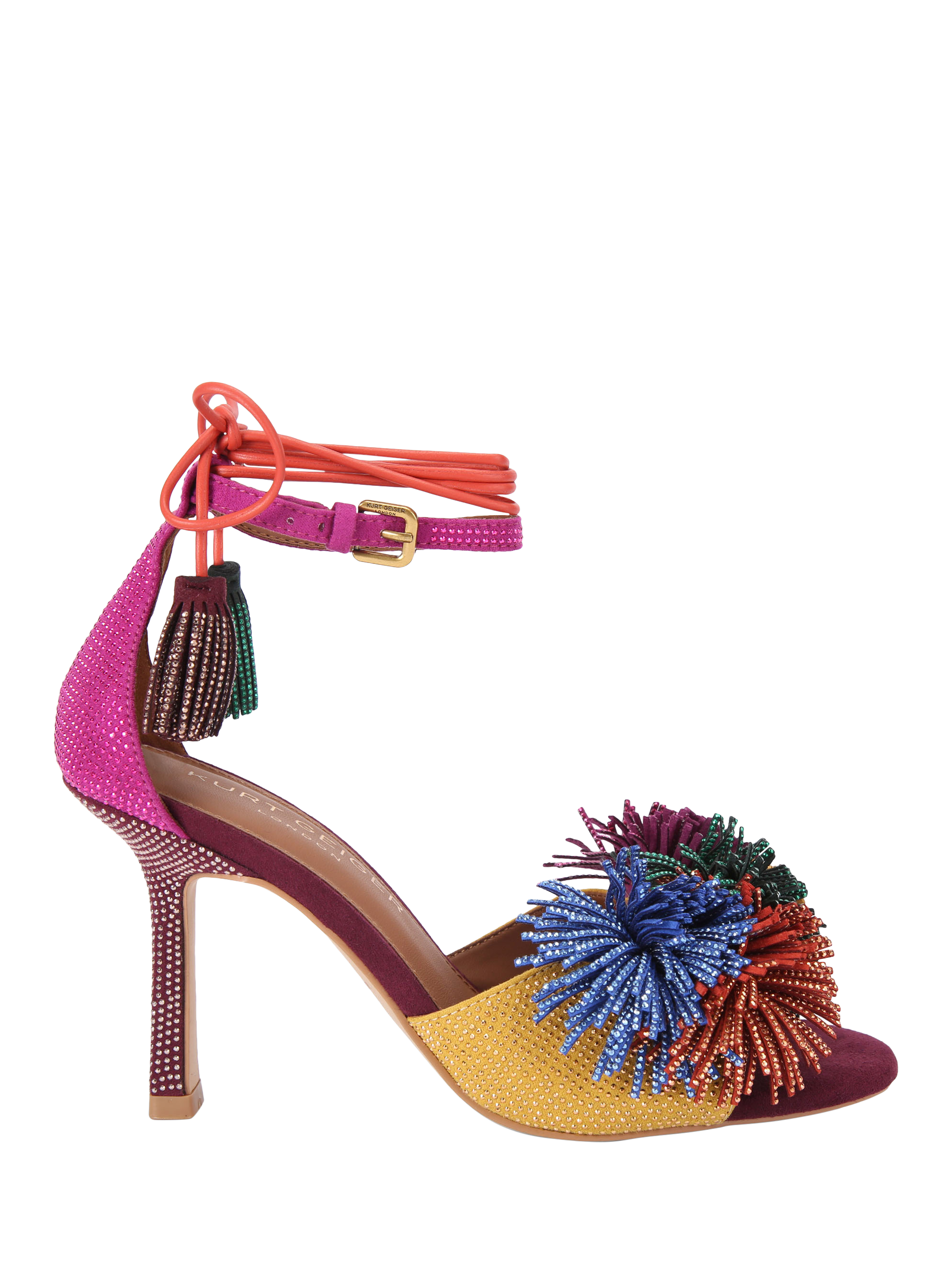 Product image 1 of 5, which shows Kurt Geiger London Pom Pom Suede Ankle Tie Sandals, Red Wine, 3